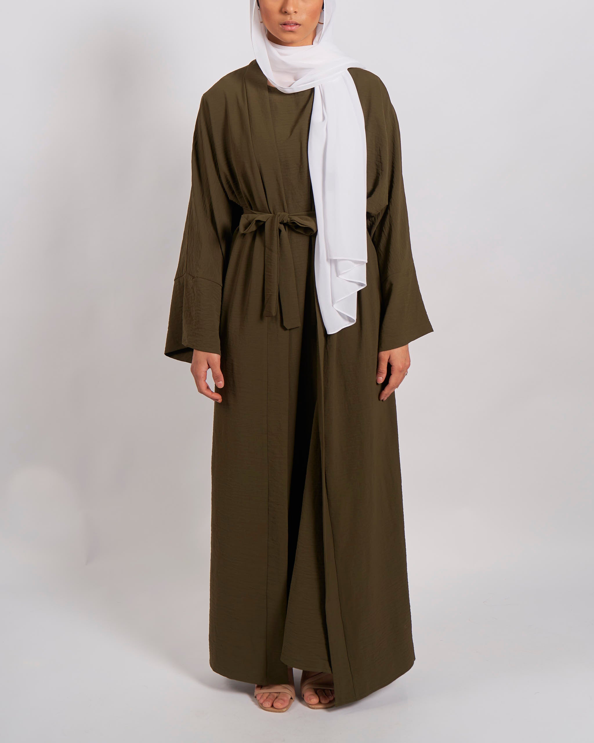 3-teiliges Crinkle-Abaya-Set – Khaki