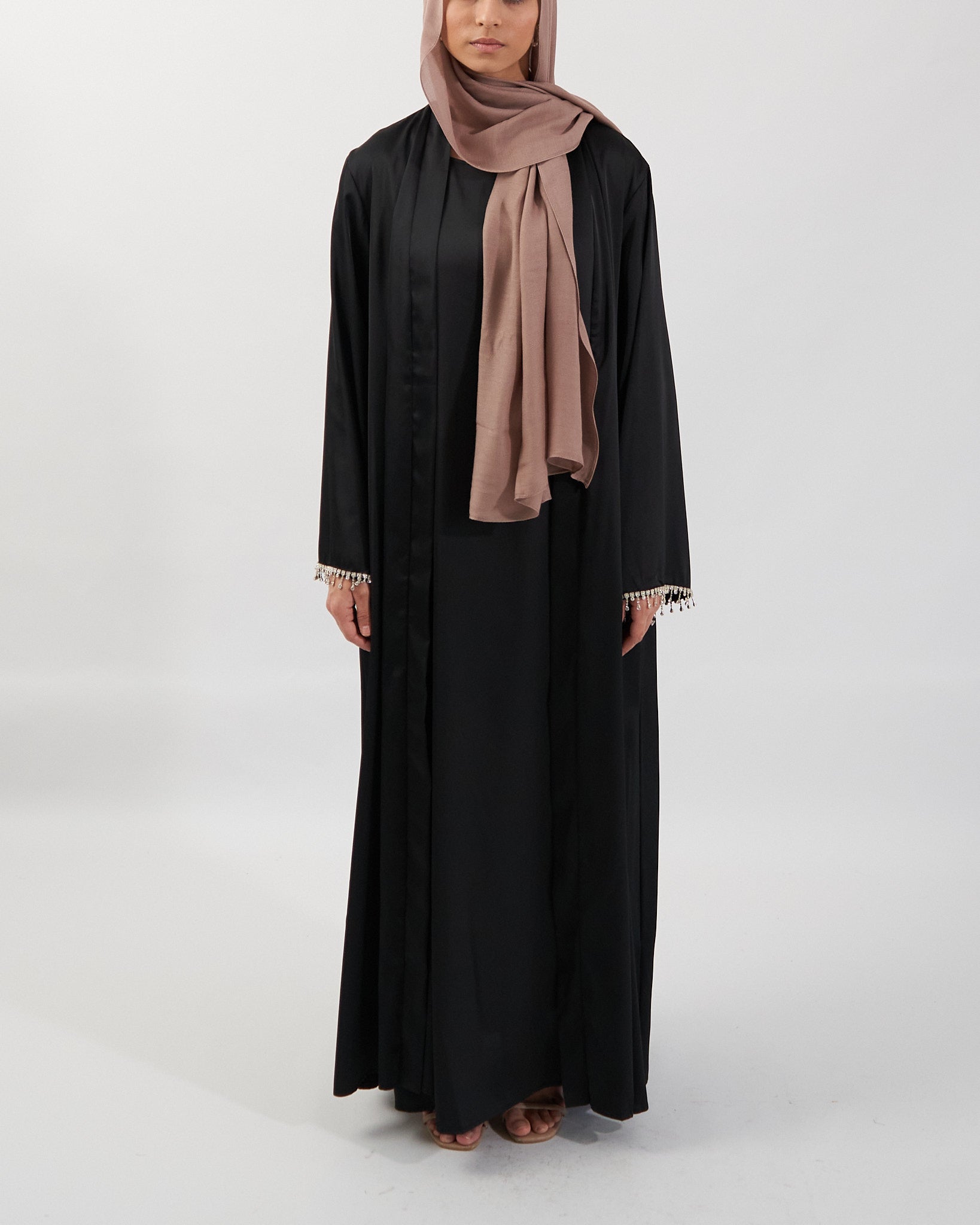 2PC Malika Satin Abaya Set - Black Satin Abaya Fajr Noor