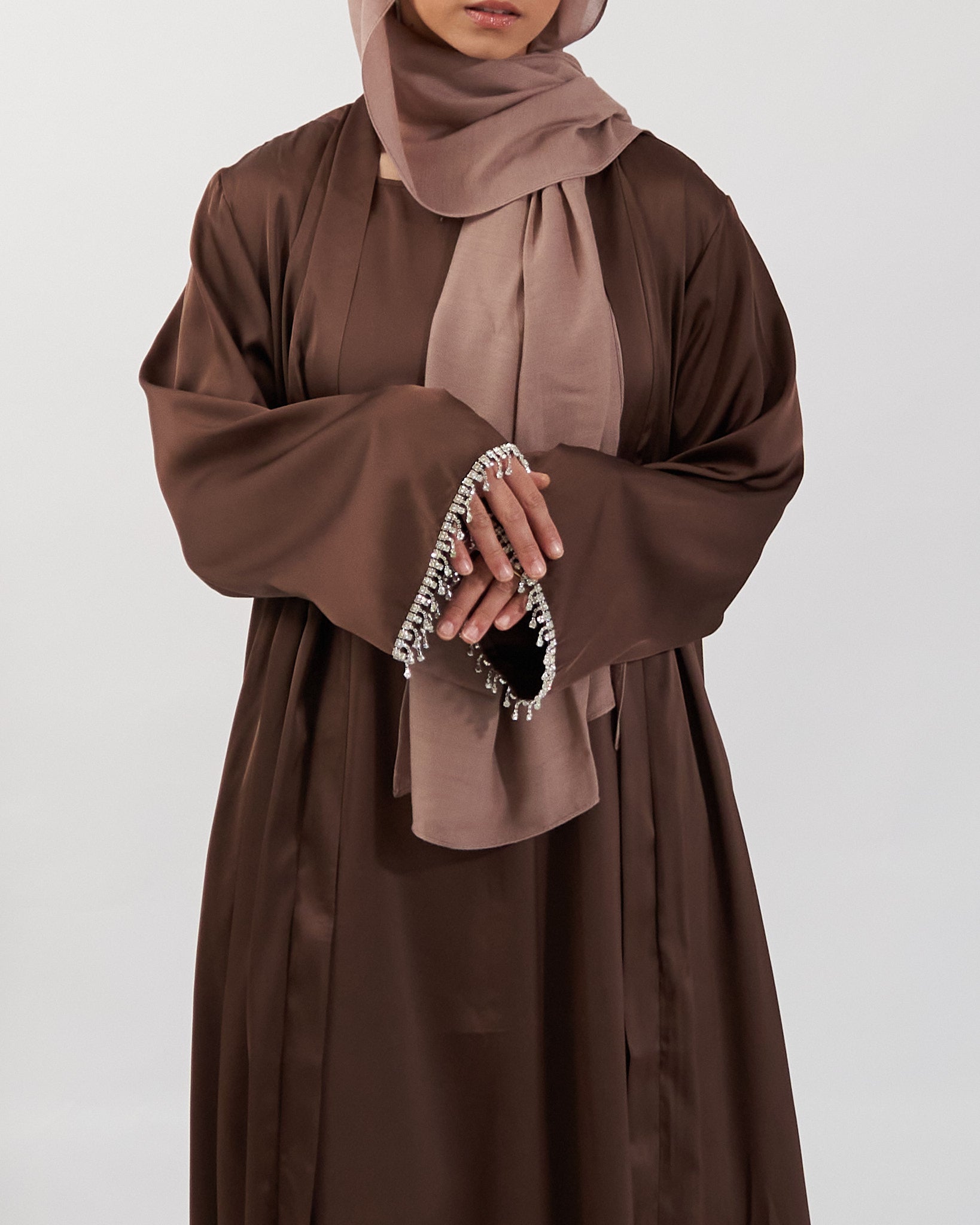 2PC Malika Satin Abaya Set - Coffee Satin Abaya Fajr Noor