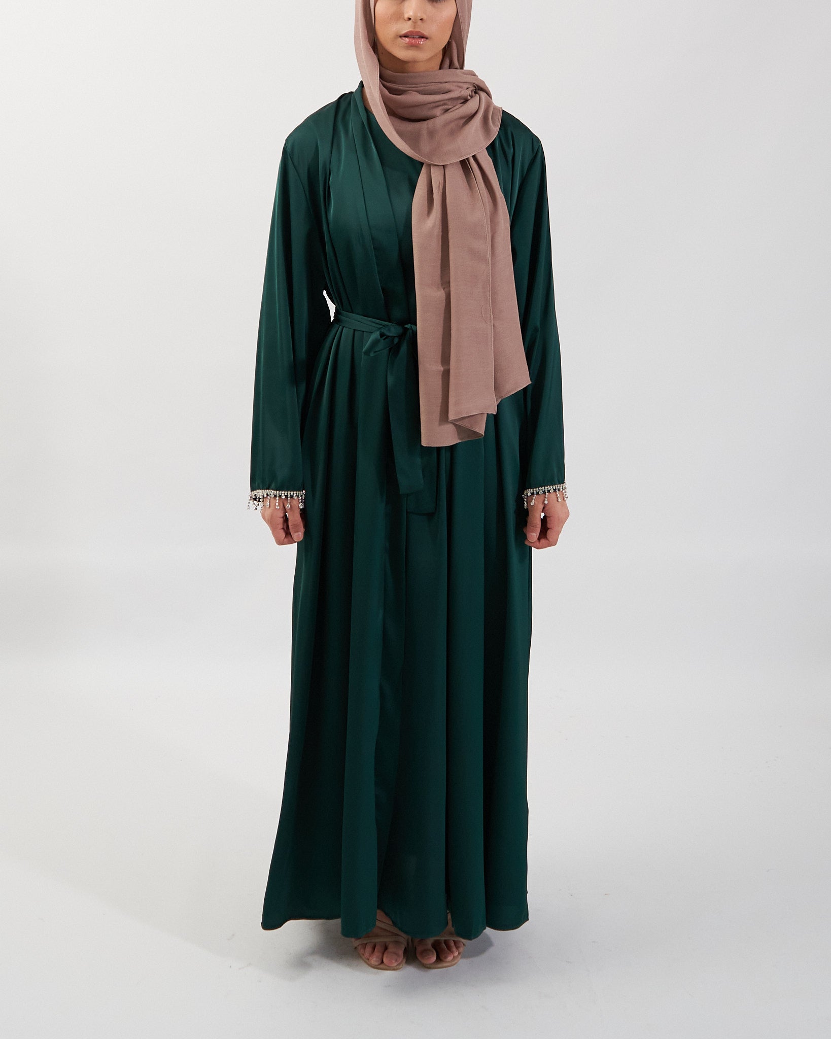 2PC Malika Satin Abaya Set - Emerald Satin Abaya Fajr Noor