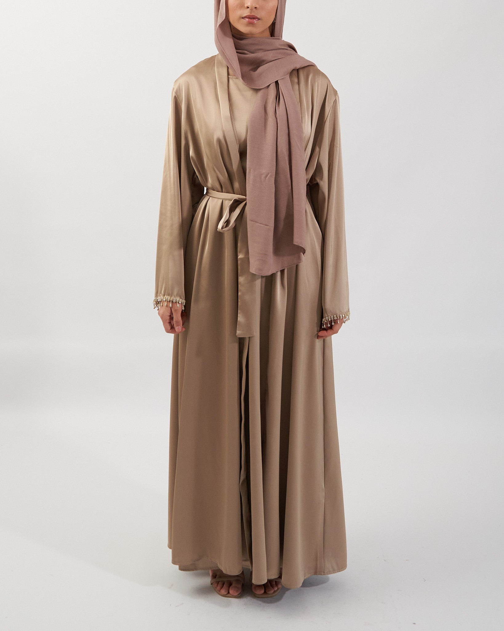 2PC Malika Satin Abaya Set - Gold Satin Abaya Fajr Noor