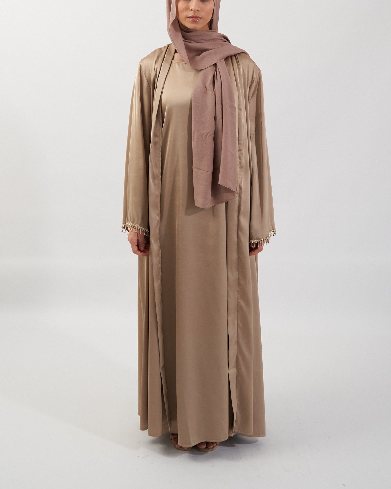 2PC Malika Satin Abaya Set - Gold Satin Abaya Fajr Noor