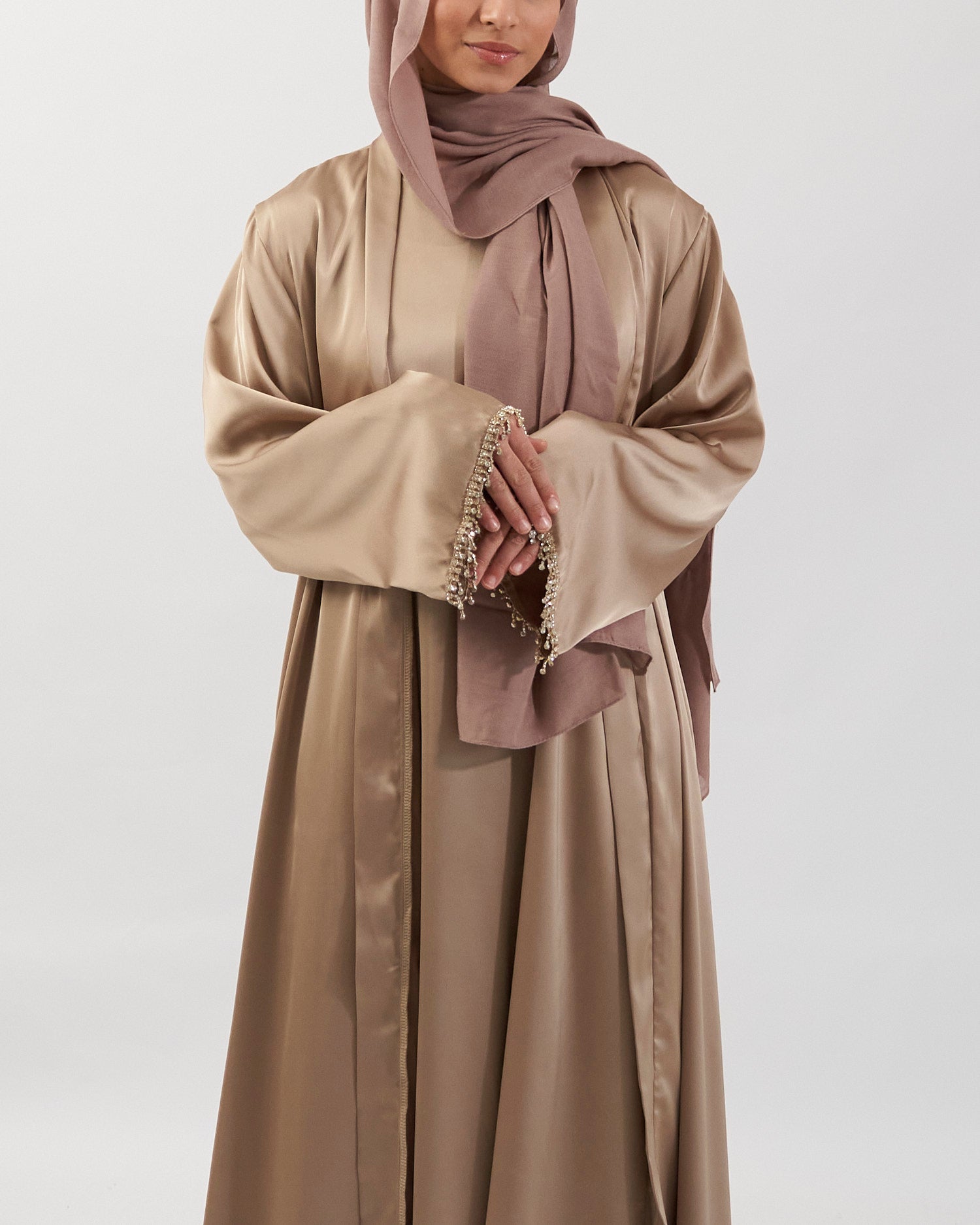 2PC Malika Satin Abaya Set - Gold Satin Abaya Fajr Noor