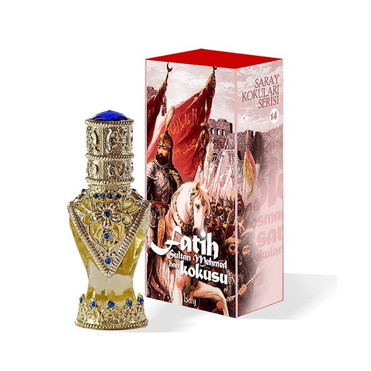 Decorative perfume bottle with intricate designs next to its packaging on a white background