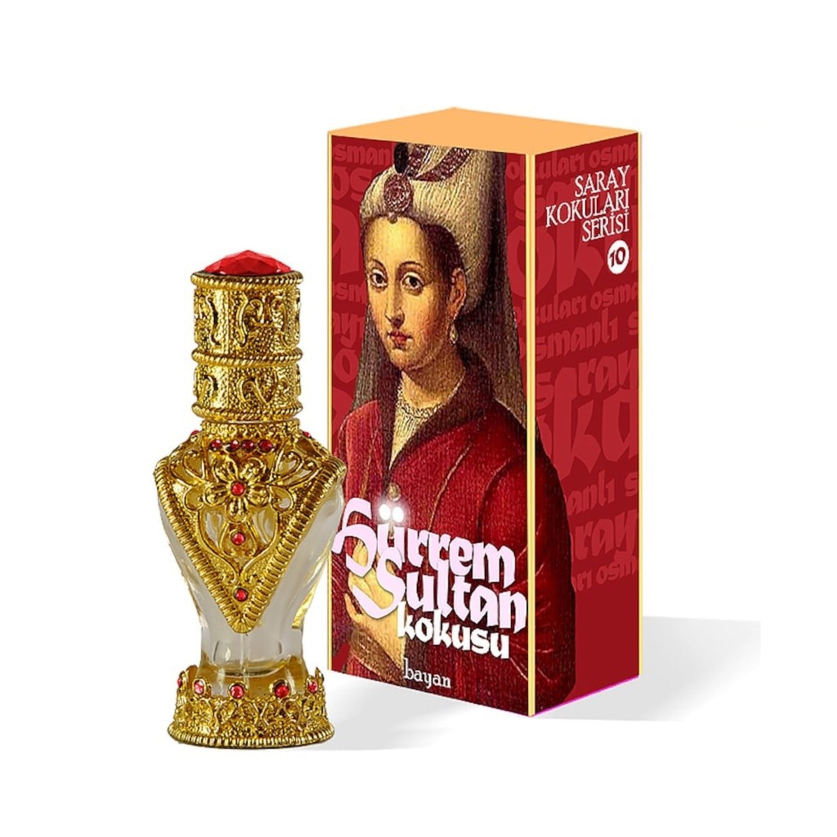 Decorative perfume bottle with intricate gold detailing next to its packaging featuring a portrait on a white background.