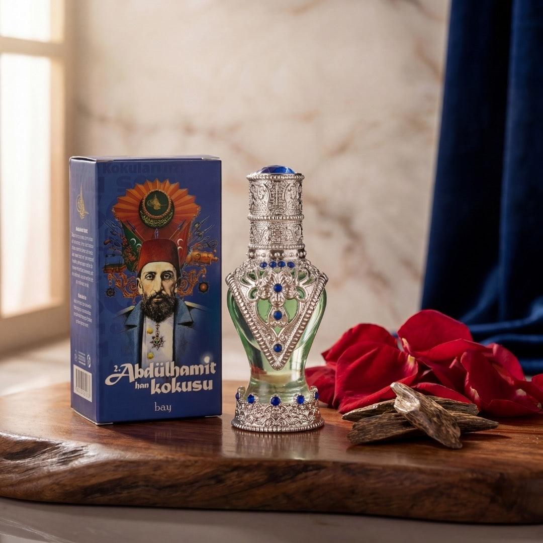 Decorative bottle with intricate design next to a blue box featuring a portrait on a wooden surface.