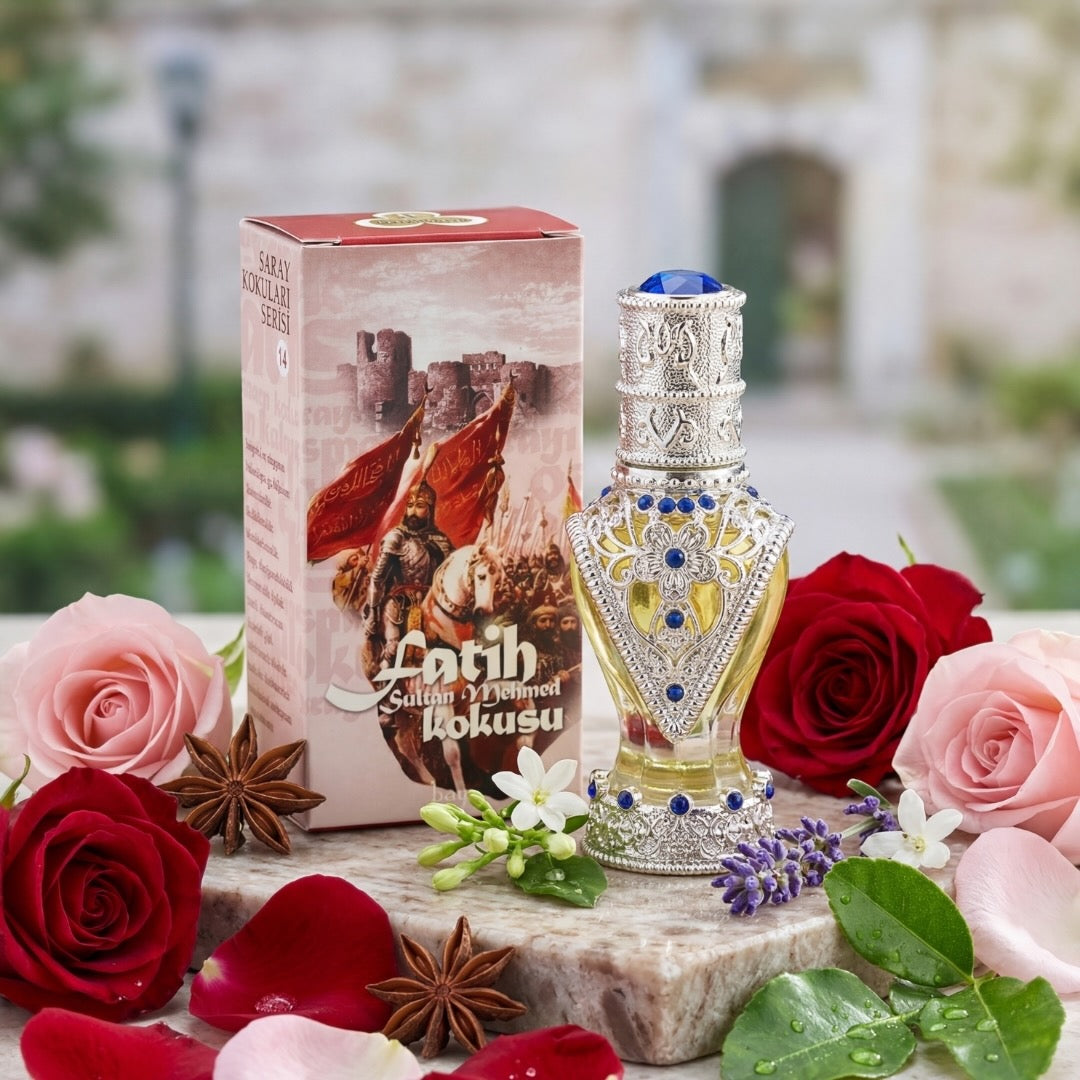 A decorative perfume bottle and its matching box displayed on a stone slab, surrounded by pink and red roses, green leaves, lavender, and star anise. The background shows a softly blurred outdoor courtyard.