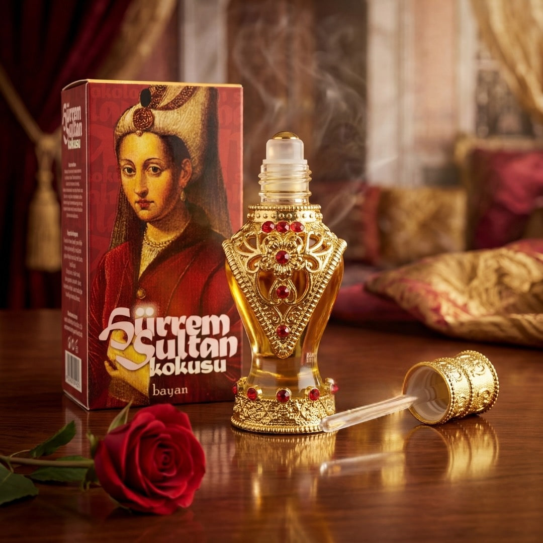 Decorative perfume bottle with 'Surrem Sultan' packaging on a wooden surface with a rose.