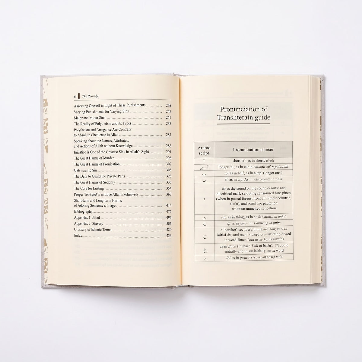 An open book showing printed pages with a table of contents on the left page and a pronunciation guide with Arabic script on the right page, photographed against a plain white background.