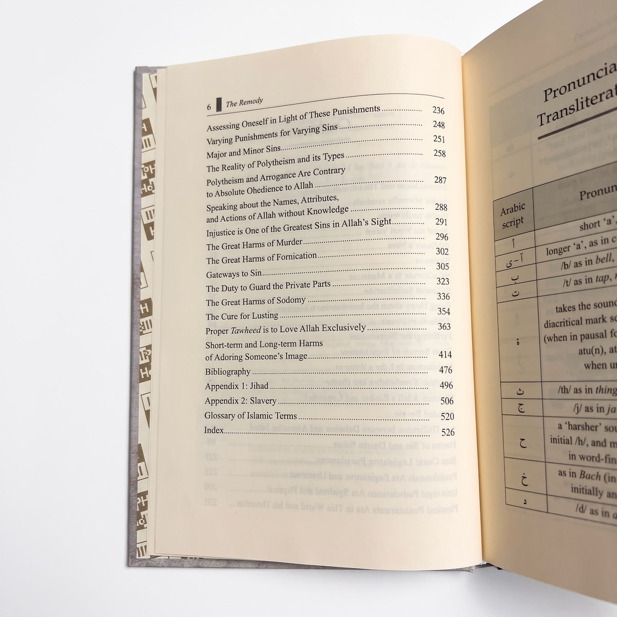 An open book showing the interior pages with printed text, including a table of contents on the left page and pronunciation/transliteration notes on the right page, photographed against a plain white background.