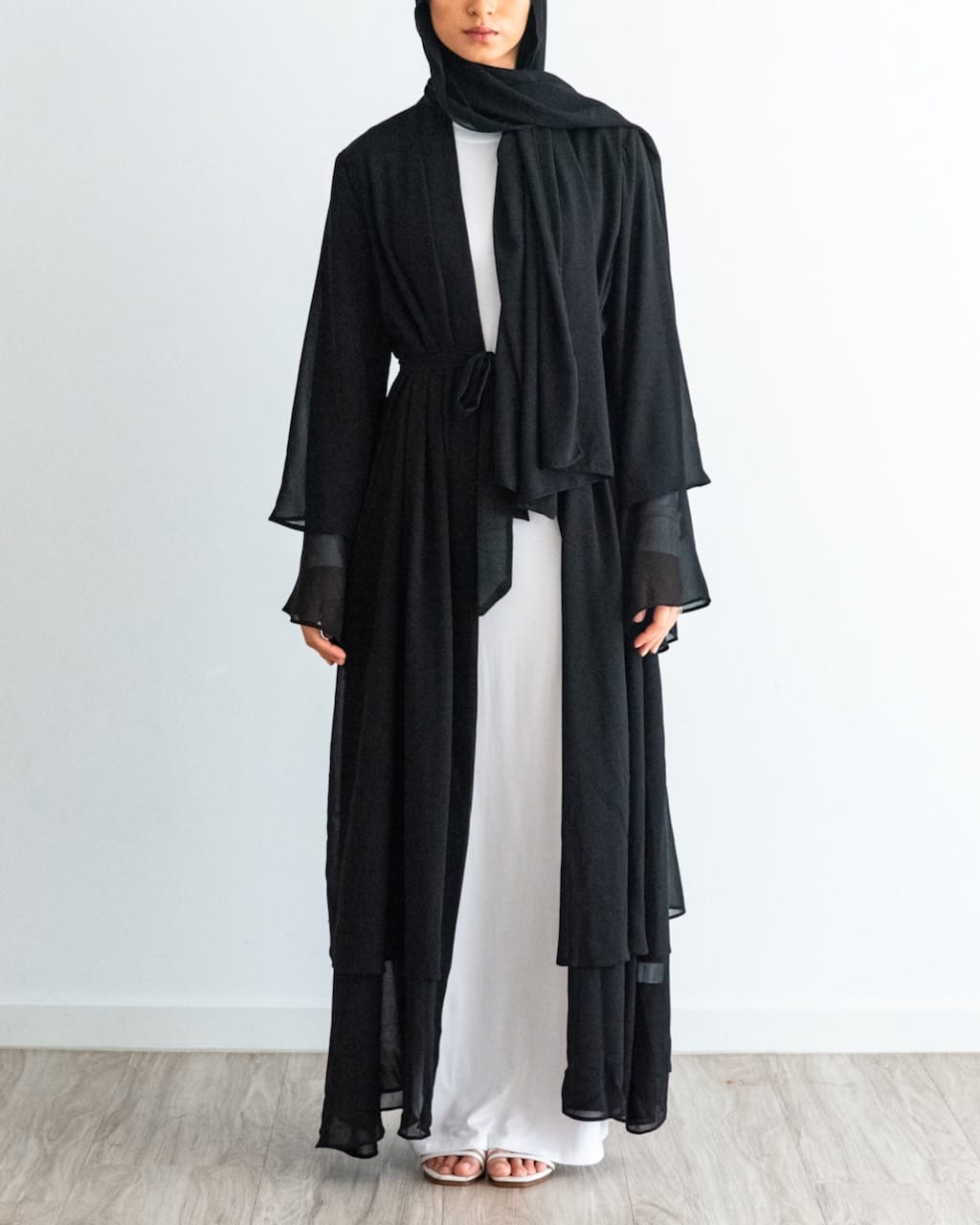 Aisha Abaya with Hijab - Black Open Abaya Fajr Noor