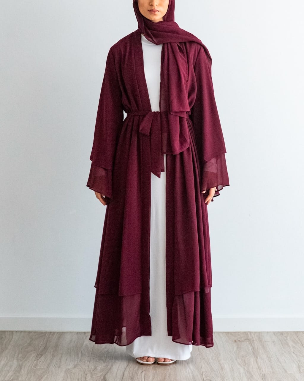 Aisha Abaya + Hijab - Maroon - Open Abaya - Fajr Noor