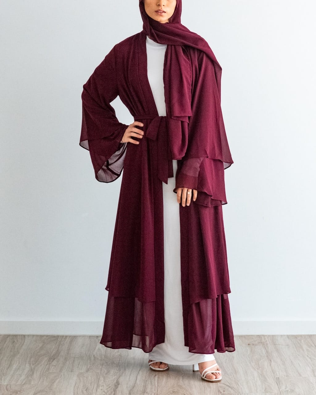 Aisha Abaya with Hijab - Maroon Open Abaya Fajr Noor