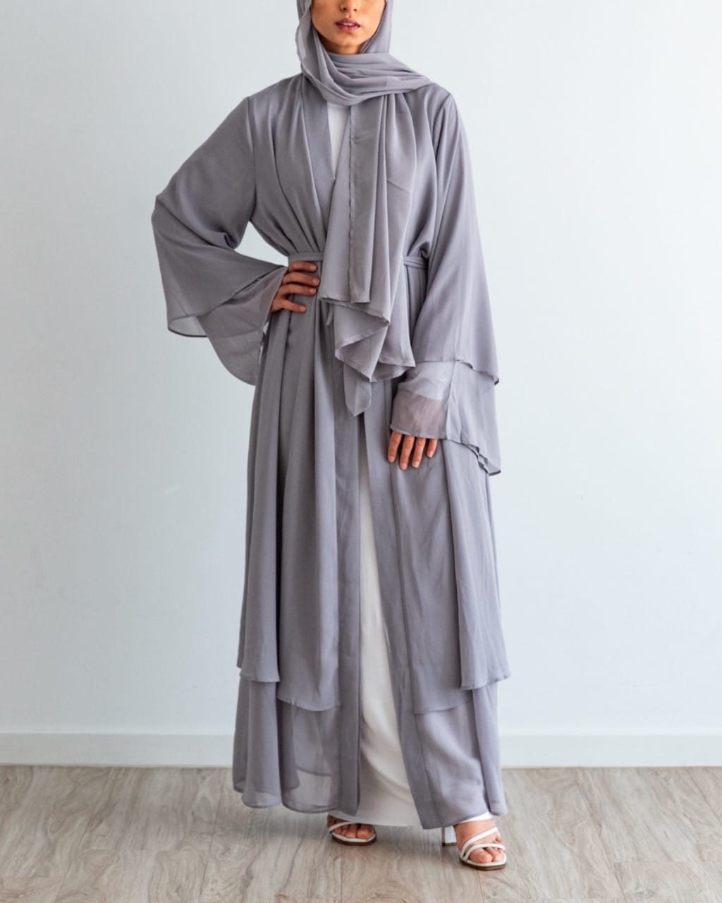 Aisha Abaya + Hijab - Silver - Open Abaya - Fajr Noor