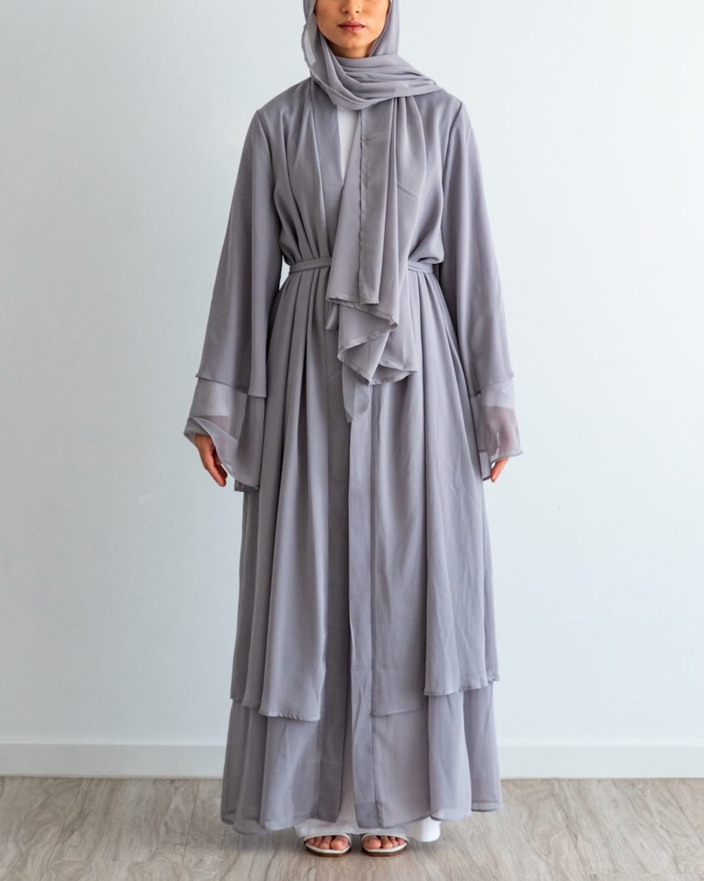 Aisha Abaya + Hijab - Silver - Open Abaya - Fajr Noor