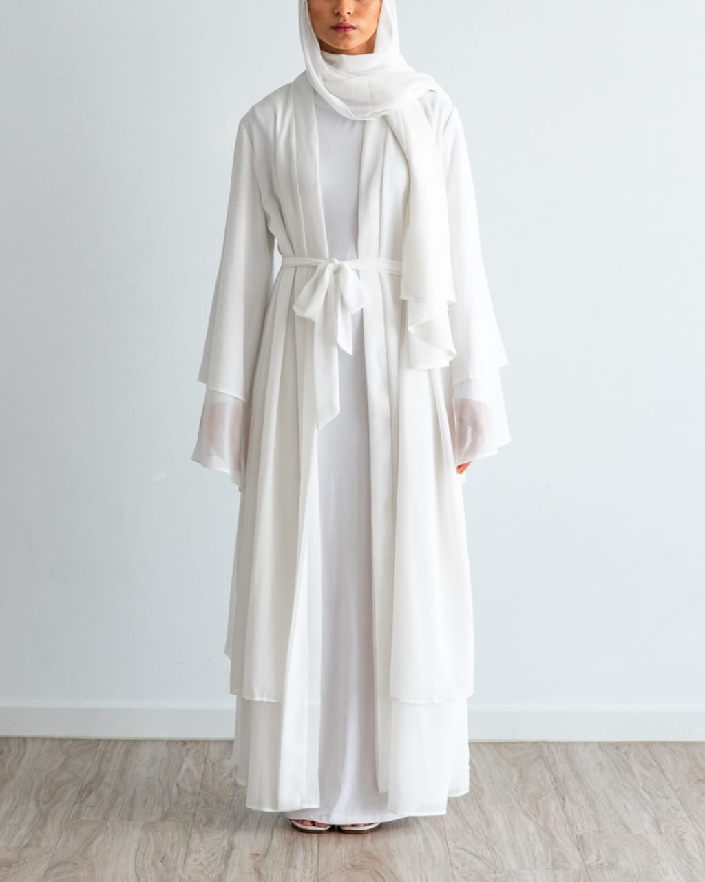 Aisha Abaya with Hijab - White Open Abaya Fajr Noor S