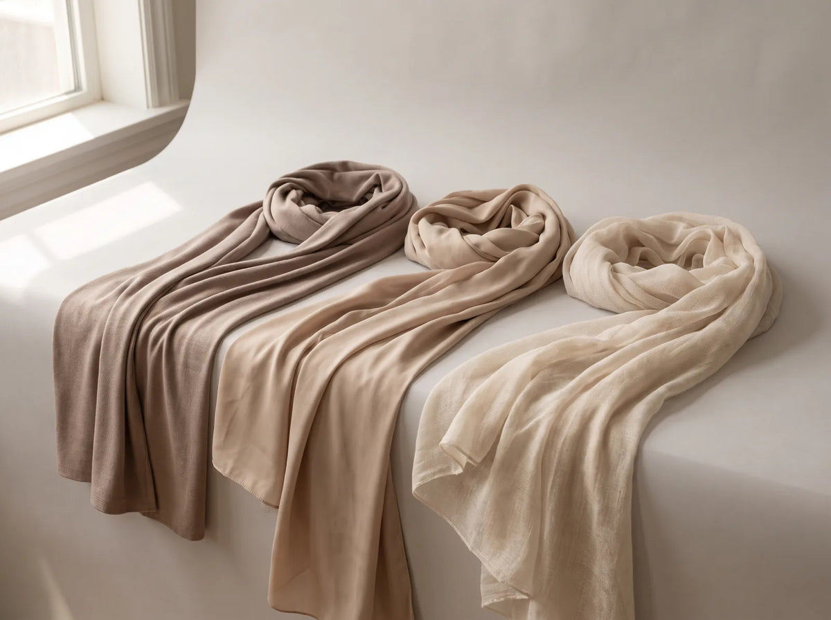 Three long hijab scarves draped to show knit, fluid and sheer fabric textures