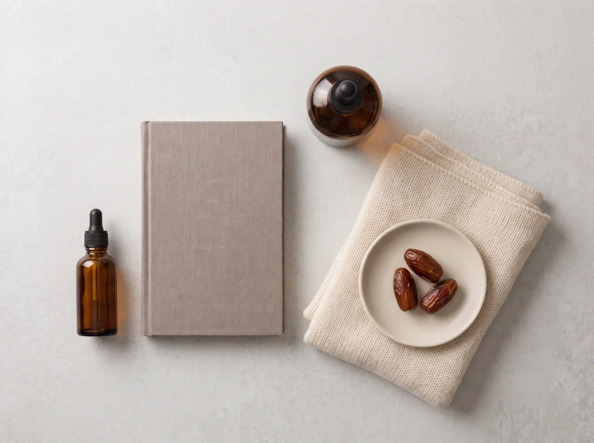 A Ramadan gift flat lay with attar, a cloth-bound book, a folded scarf and dates