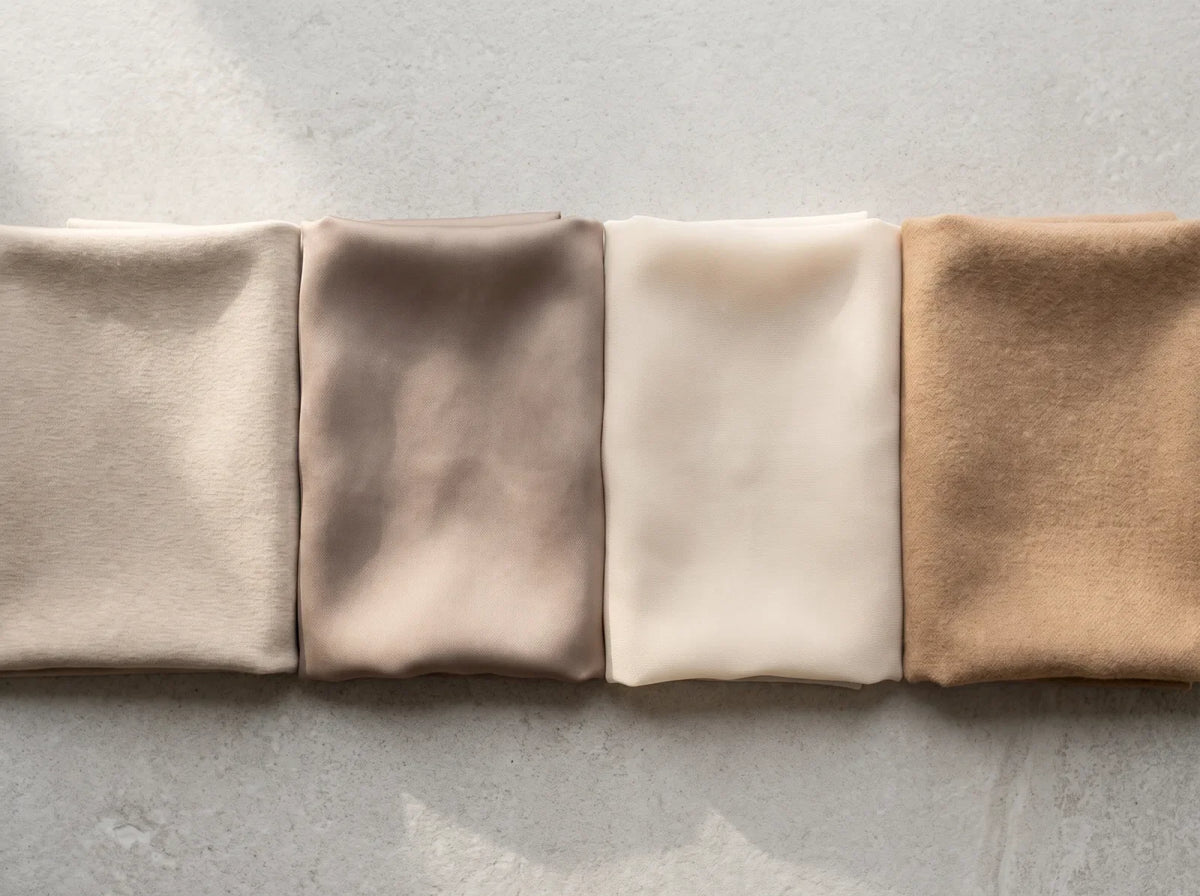 our hijab fabric swatches side by side showing knit, fluid, sheer and brushed textures