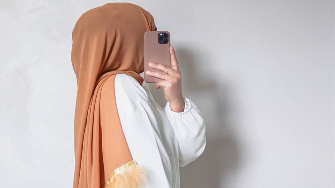 Brown Abaya Brown Coat Selfie Face Covered Cute Muslim Women Tea Coffee Cup Laptop Macbook Typing Online Shopping