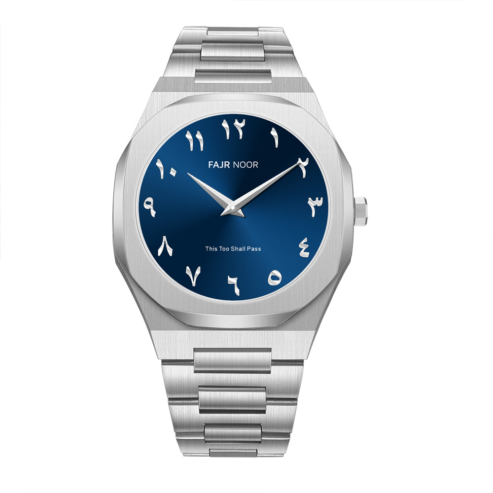 Silver watch with a blue dial on a white background