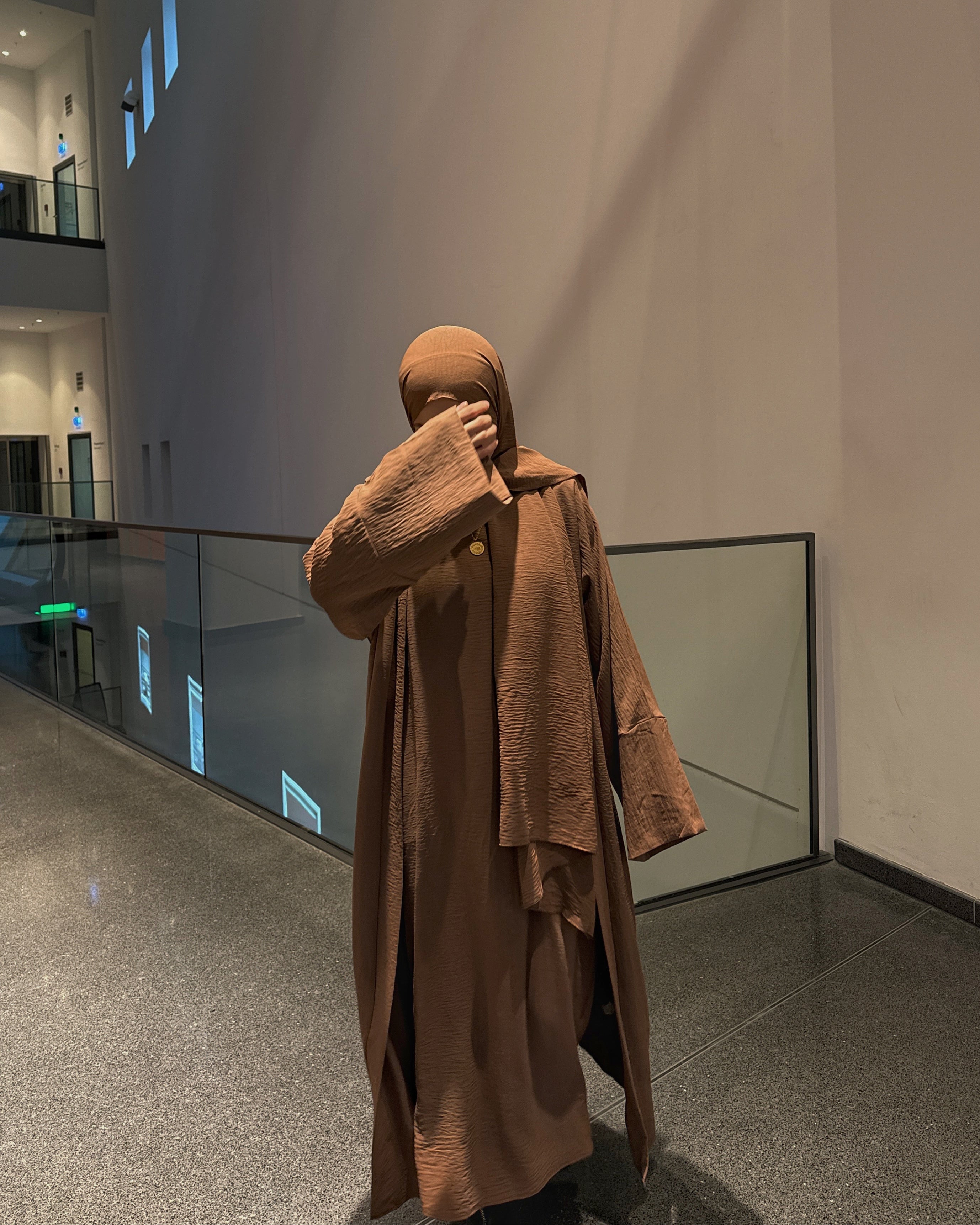 3PC Crinkle Abaya Set - Coffee Open Abaya Fajr Noor 