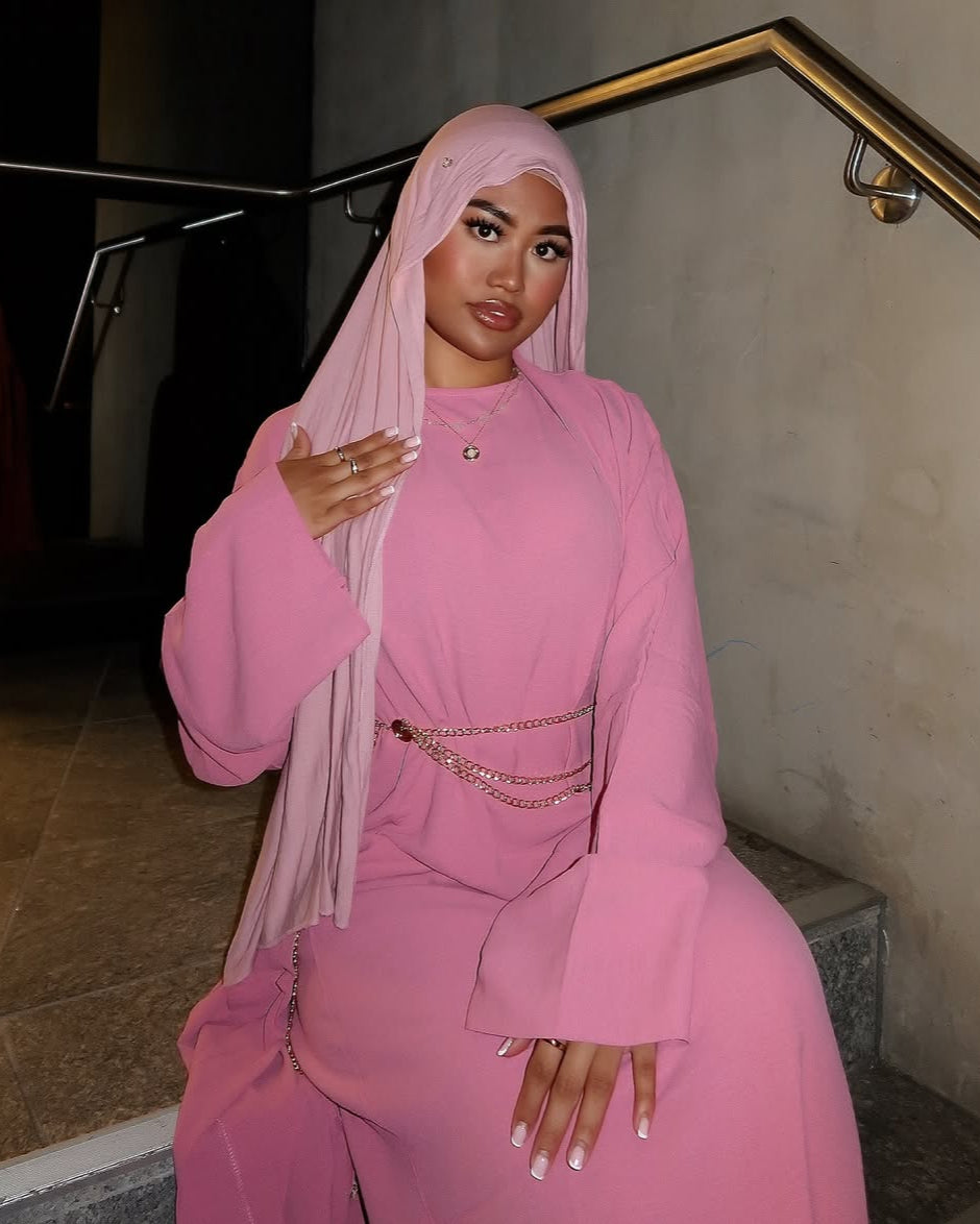 3PC Crinkle Abaya - Pink