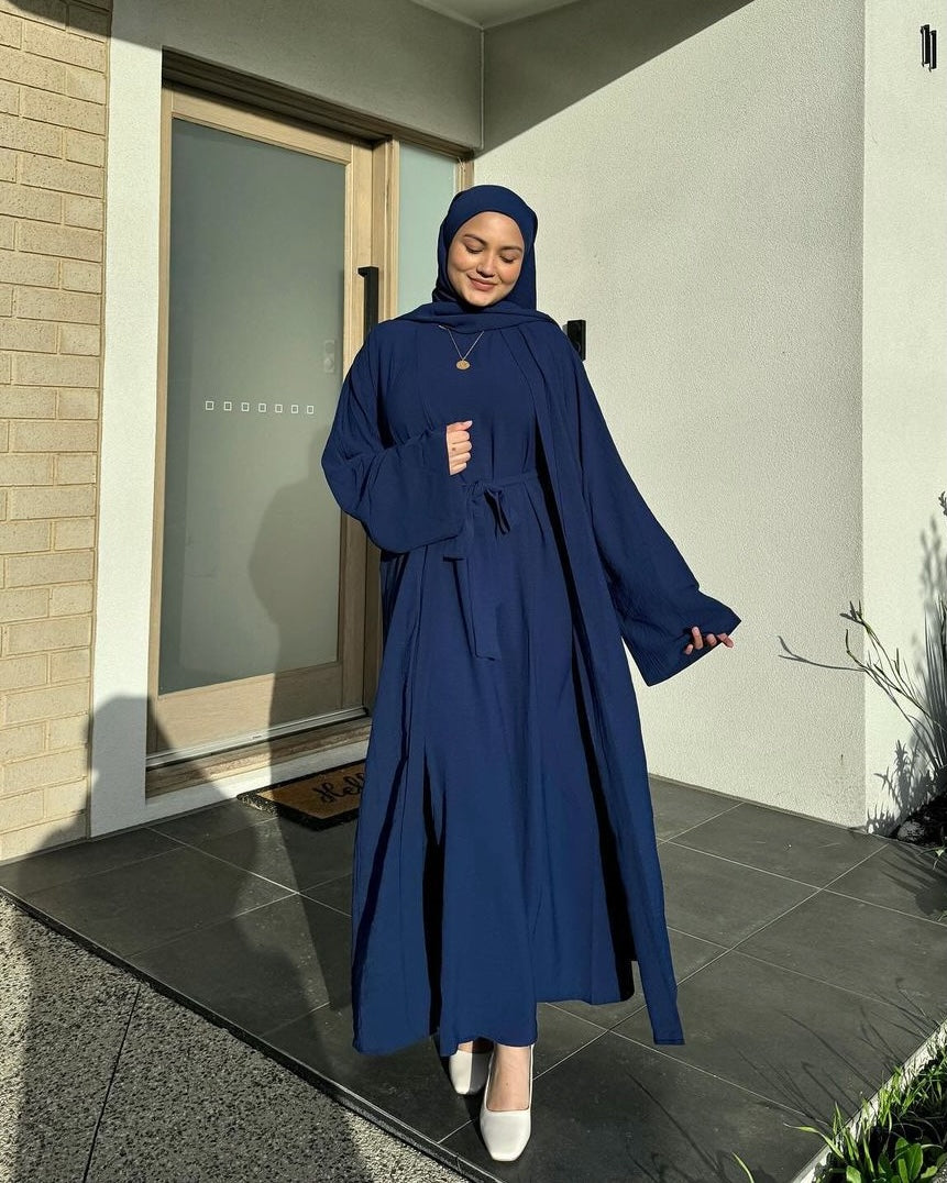 3PC Crinkle Abaya Set Navy