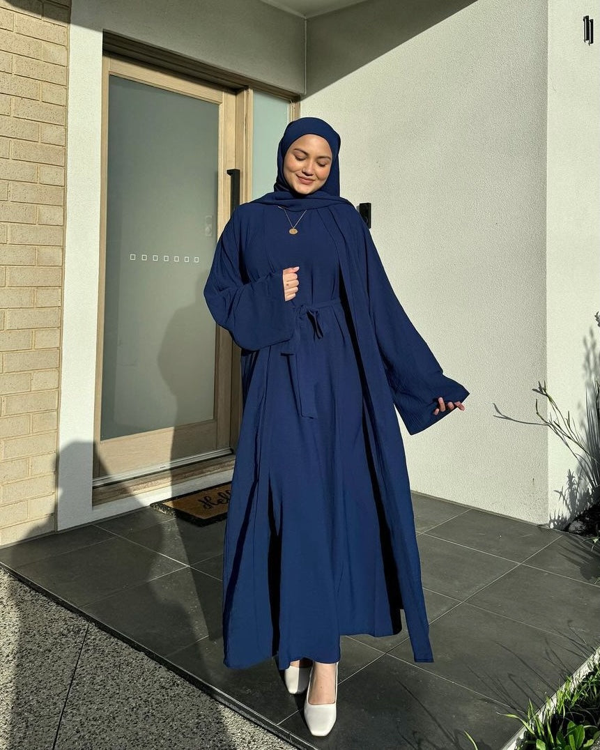 3PC Crinkle Abaya Set - Navy Open Abaya Fajr Noor S