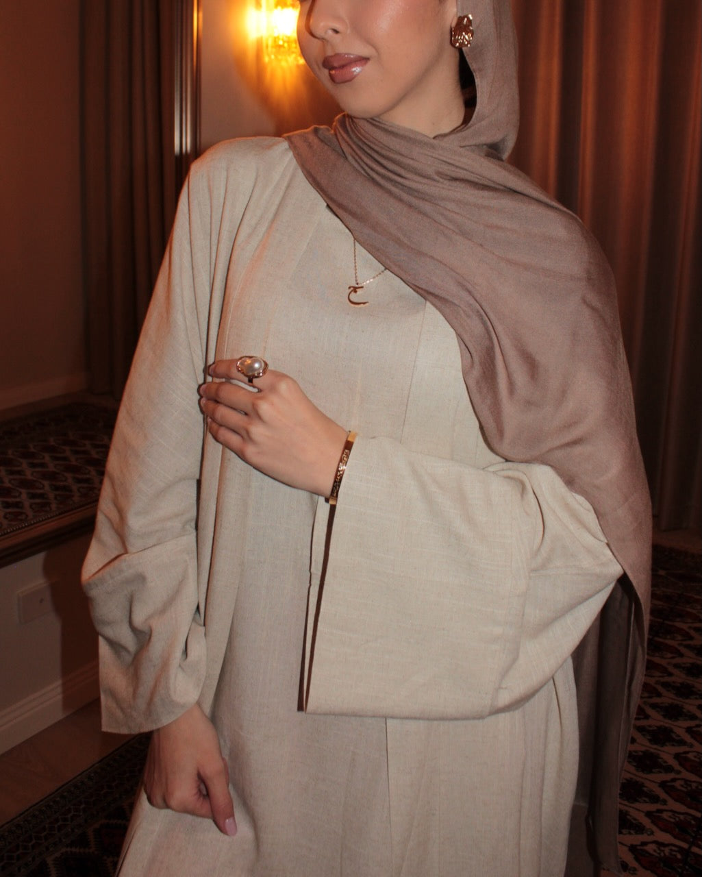 Linen Abaya with Coco Hijab worn by hijabi model