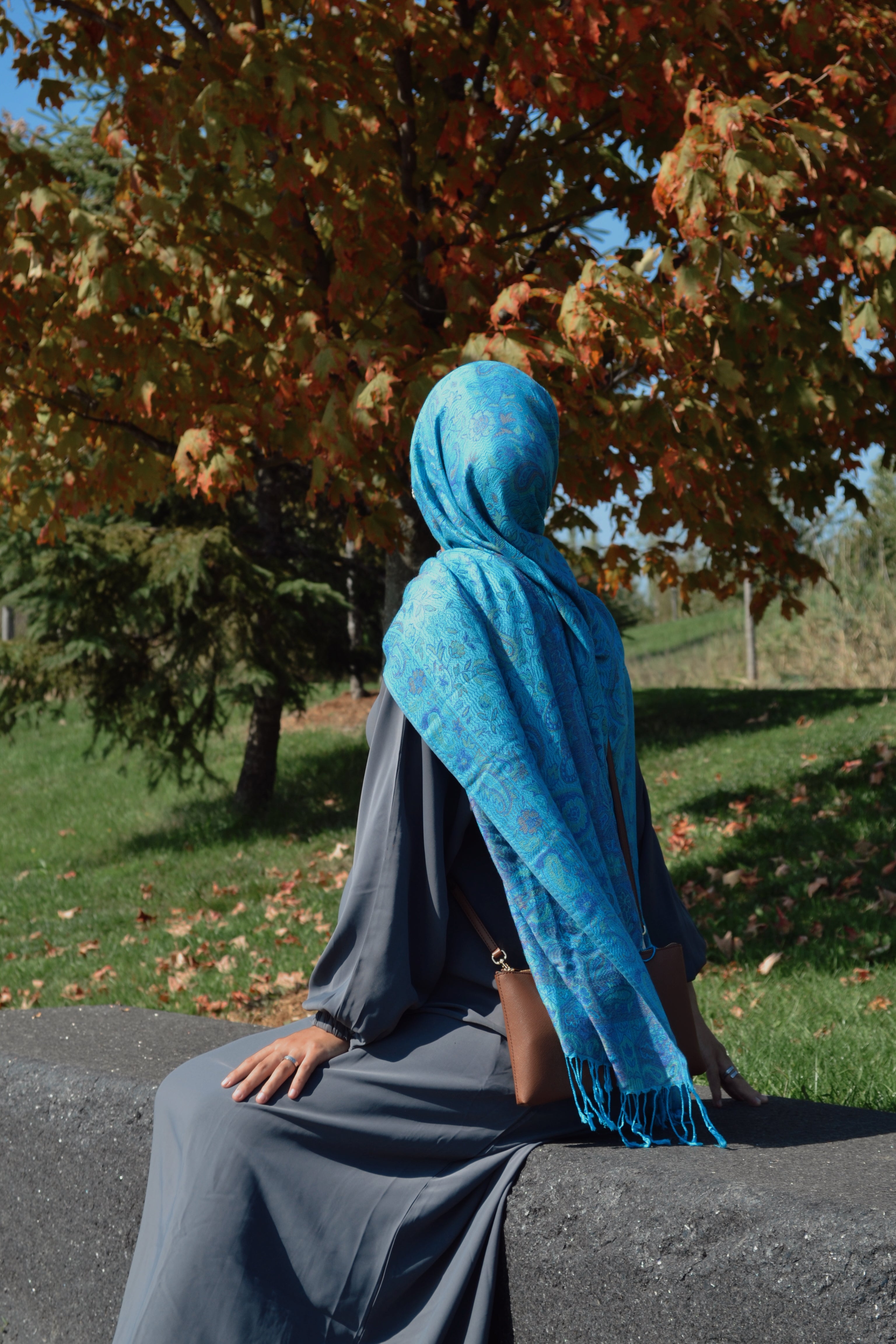 Person wearing a blue hooded garment sitting on a stone wall with autumn foliage in the background