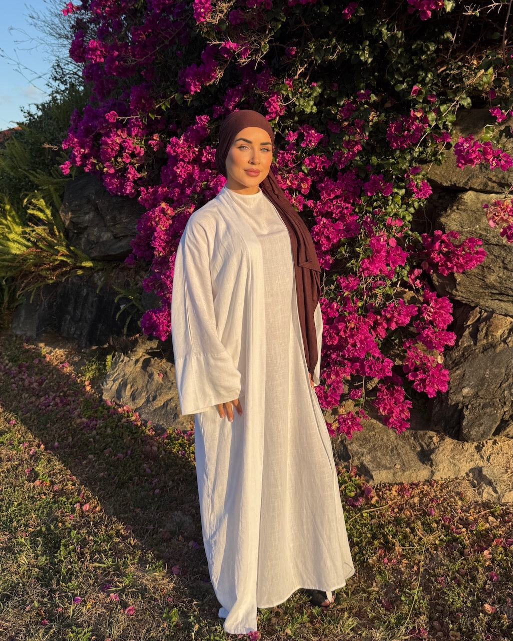 Aya Linen Abaya with Nude Hijab and red roses beautiful smiling model hijabi sydney australia