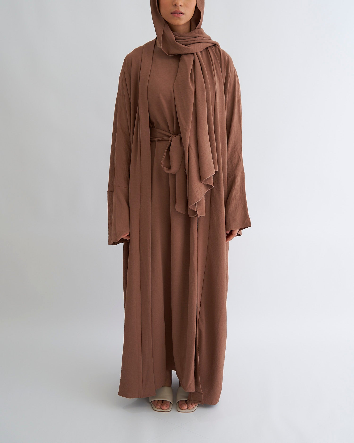 3PC Crinkle Abaya Set - Coffee