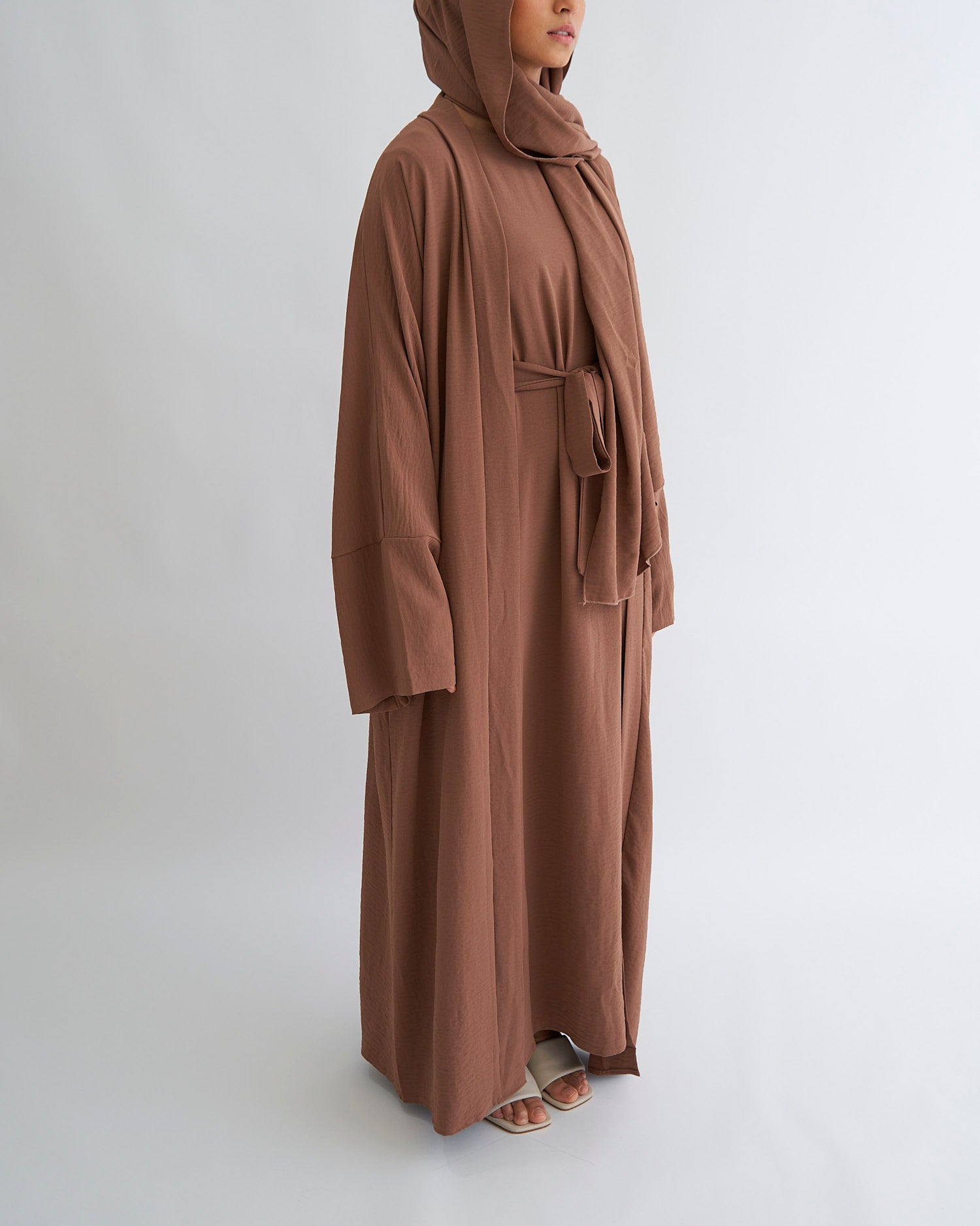 3PC Crinkle Abaya Set - Coffee