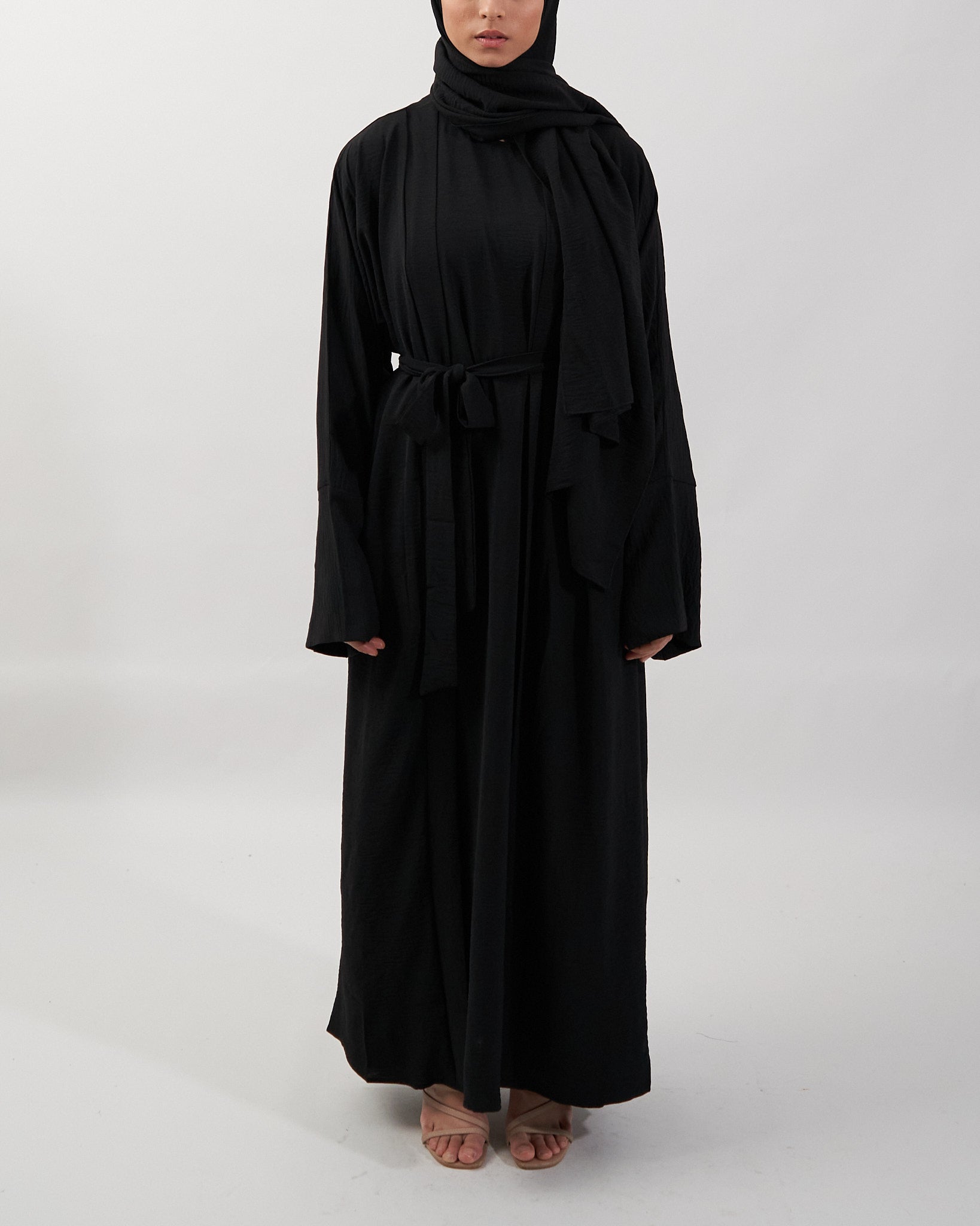 3PC Crinkle Abaya Set - Black Open Abaya Fajr Noor 