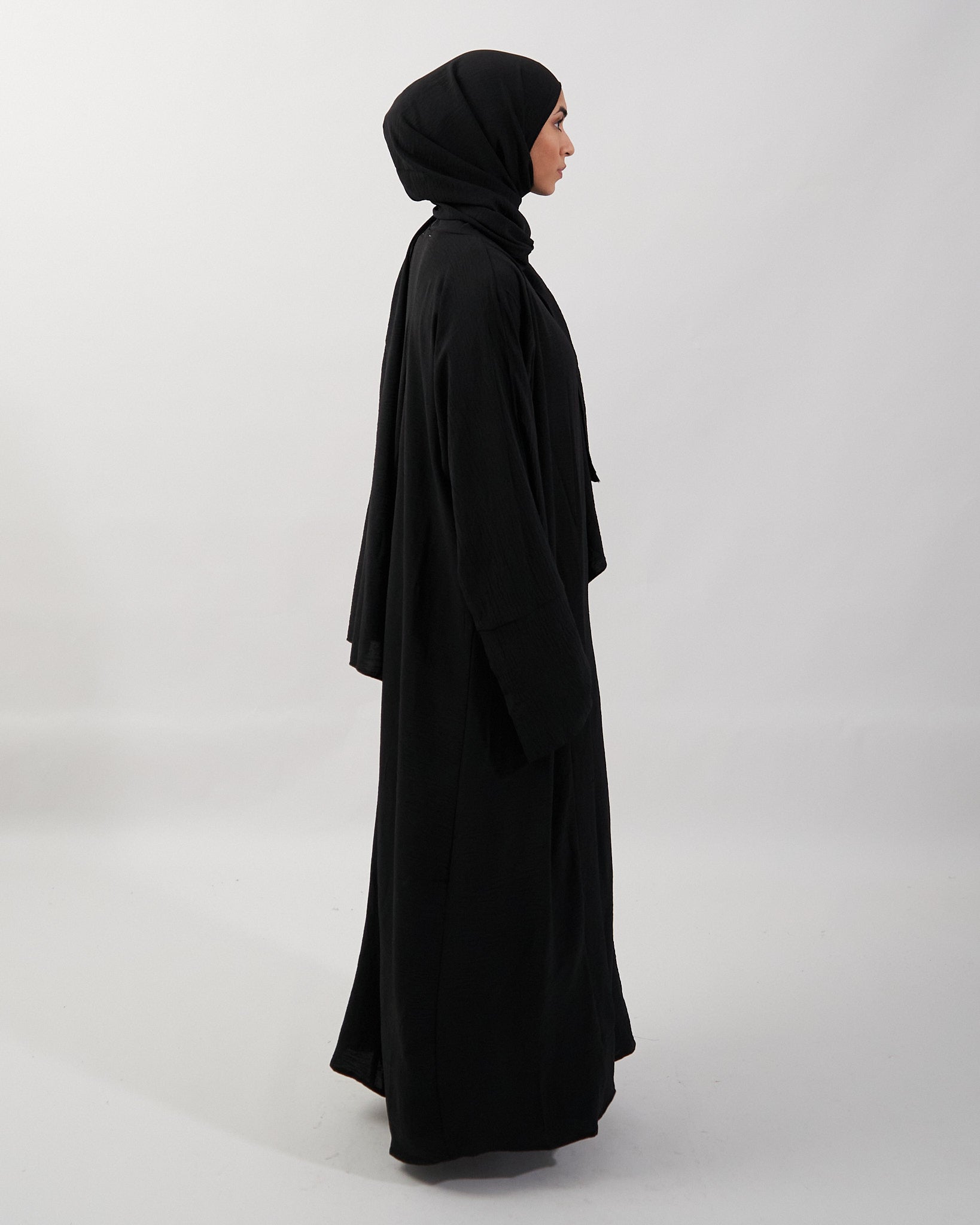 3PC Crinkle Abaya Set - Black Open Abaya Fajr Noor 