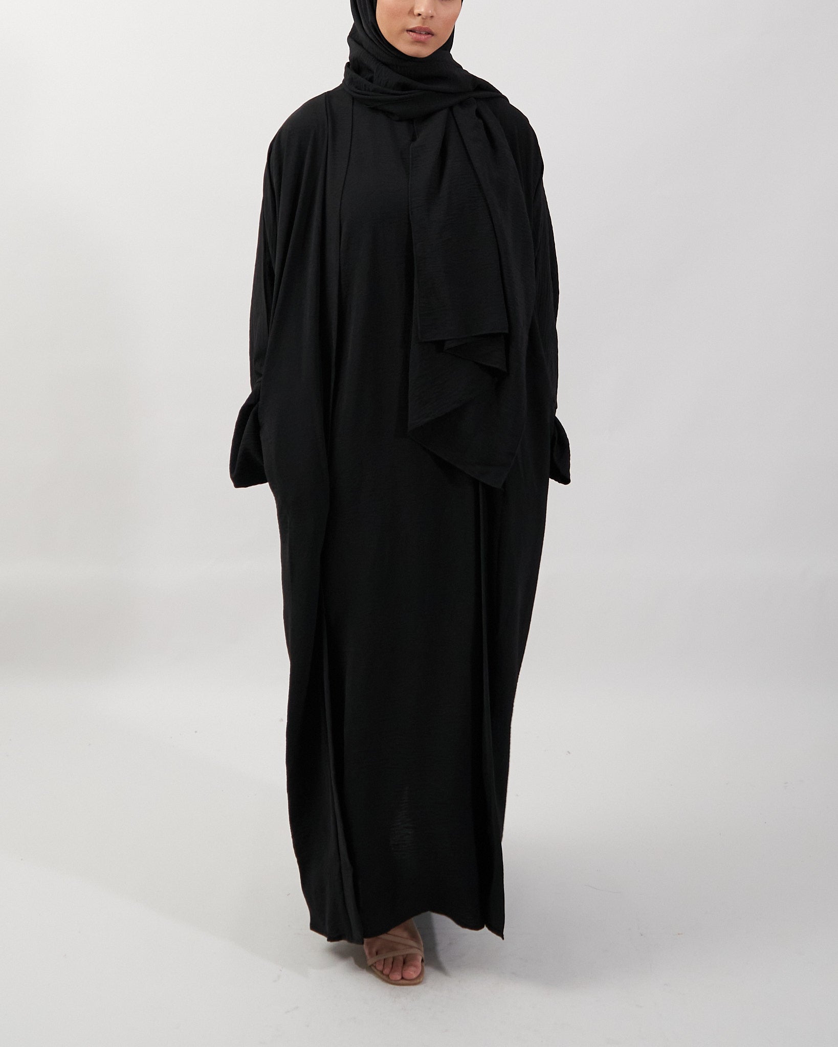 3PC Crinkle Abaya Set - Black Open Abaya Fajr Noor 