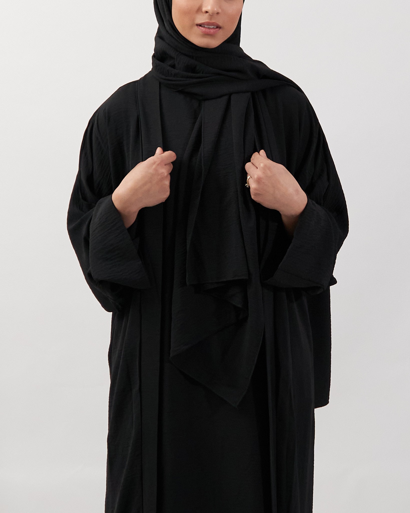 3PC Crinkle Abaya Set - Black Open Abaya Fajr Noor 