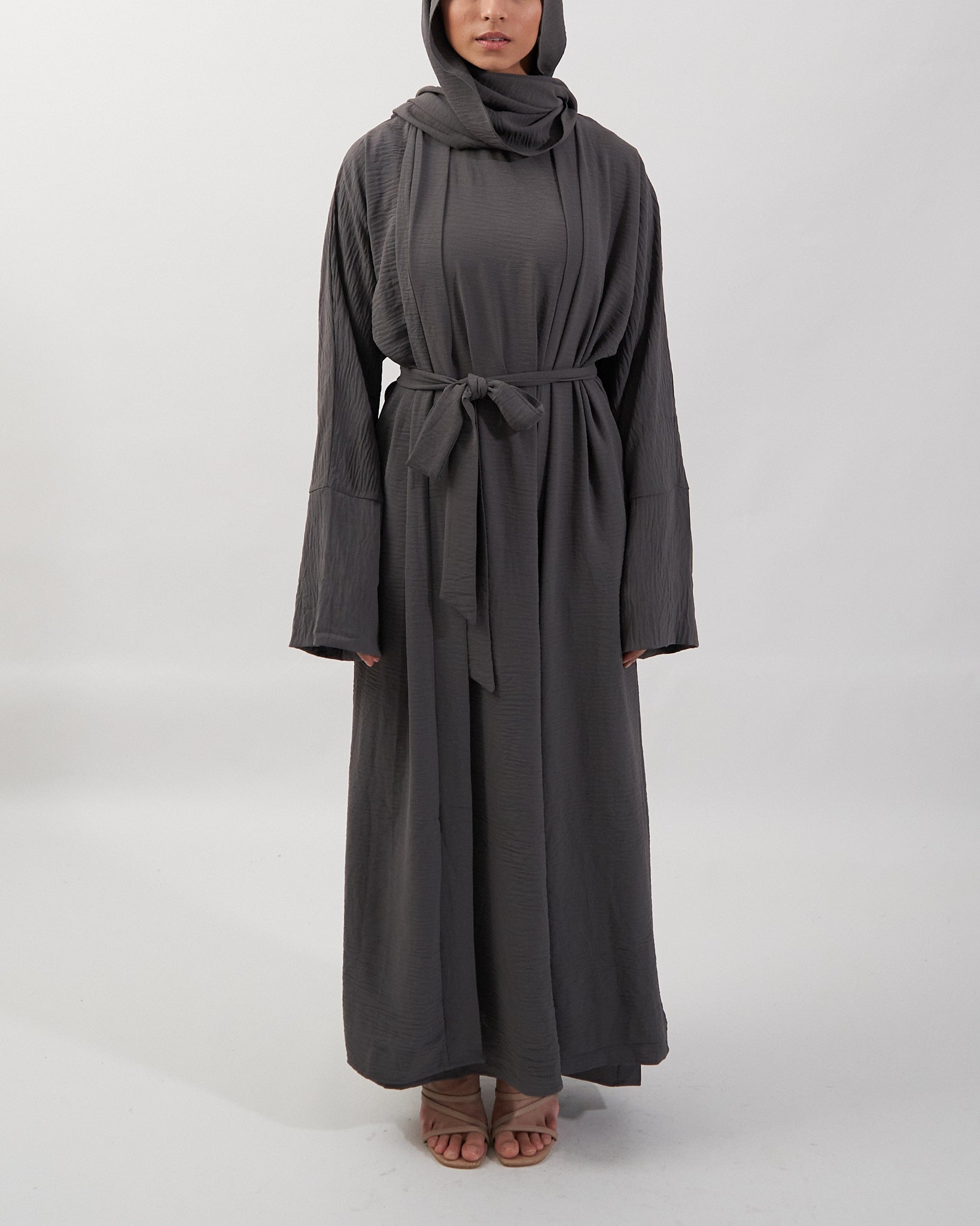 3PC Crinkle Abaya Set - Charcoal Open Abaya Fajr Noor 