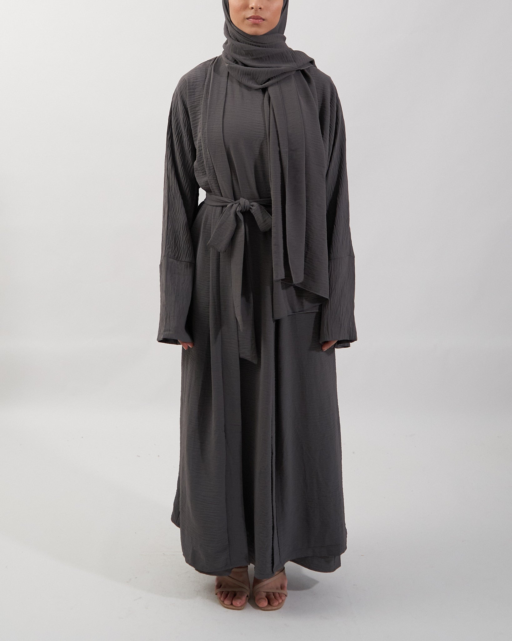 3PC Crinkle Abaya Set - Charcoal Open Abaya Fajr Noor 