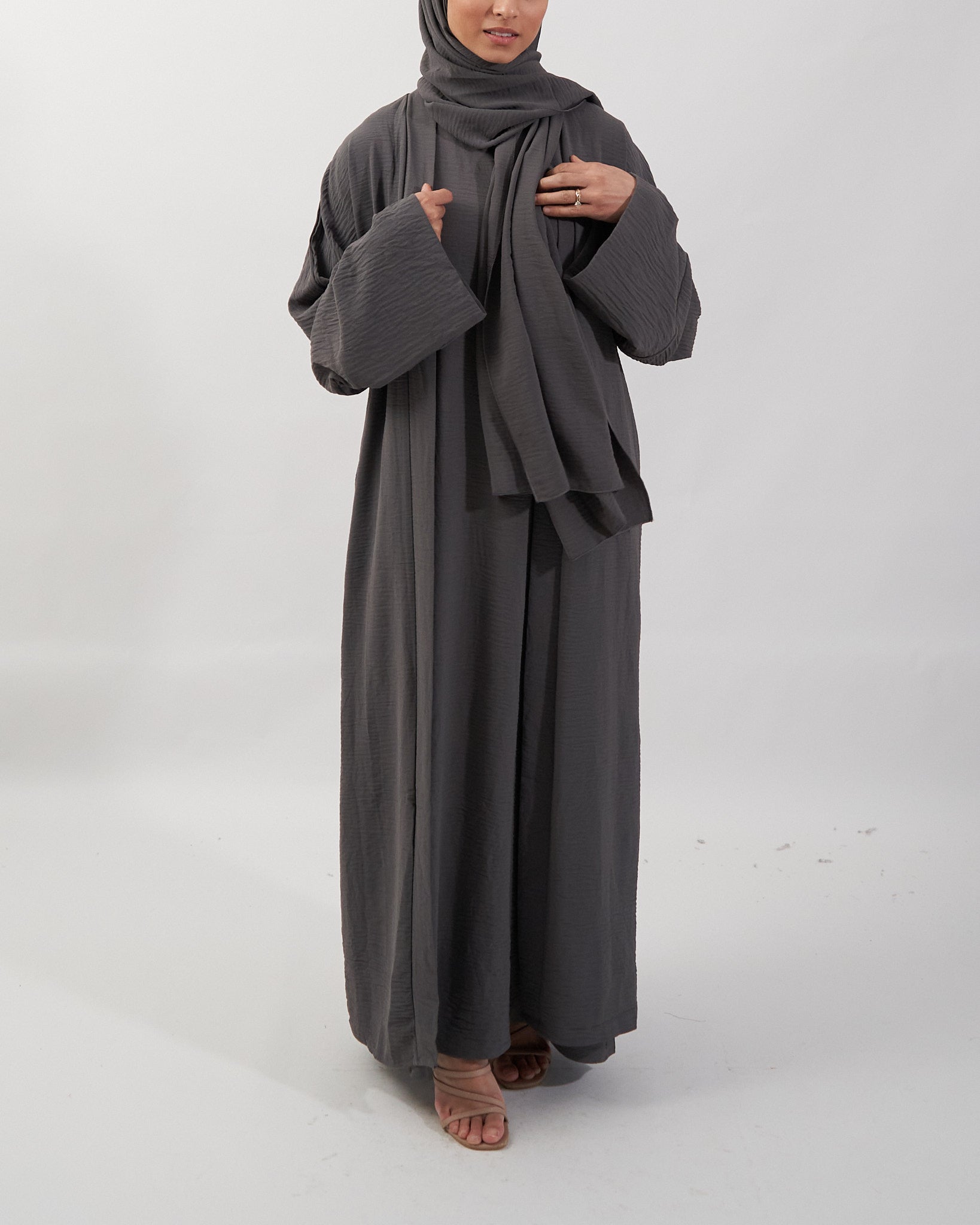 3PC Crinkle Abaya Set - Charcoal Open Abaya Fajr Noor 