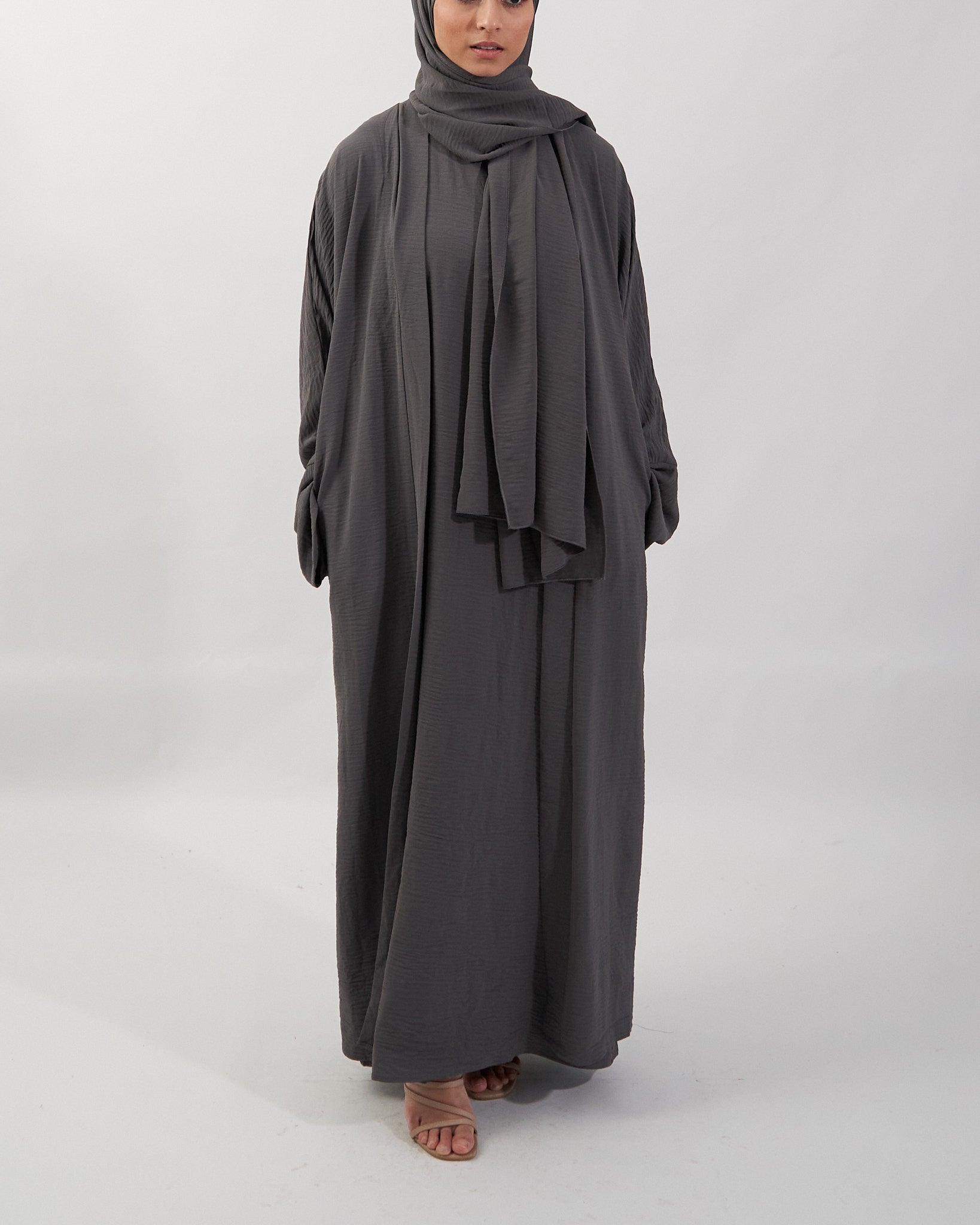 3PC Crinkle Abaya Set - Charcoal Open Abaya Fajr Noor S