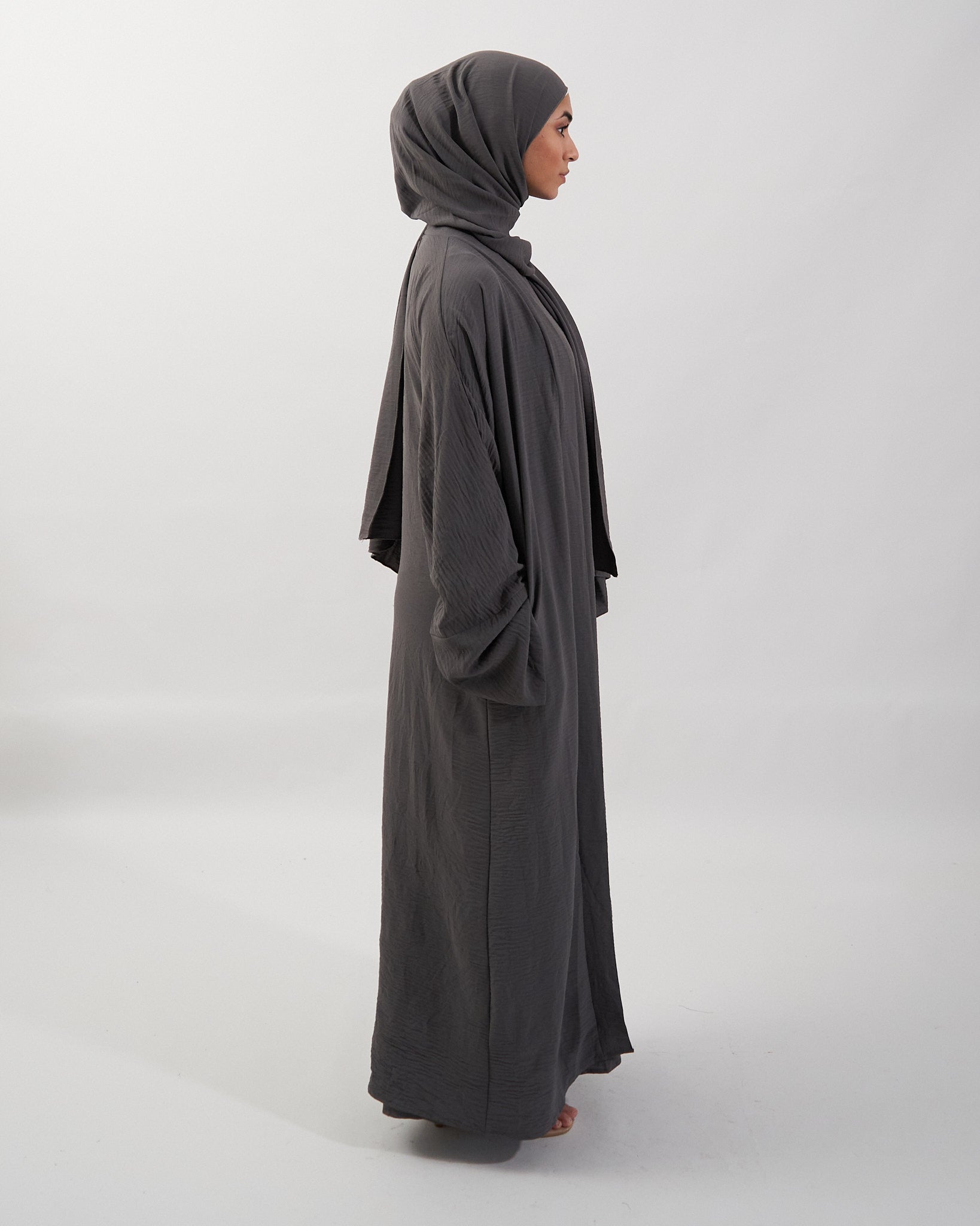 3PC Crinkle Abaya Set - Charcoal Open Abaya Fajr Noor 