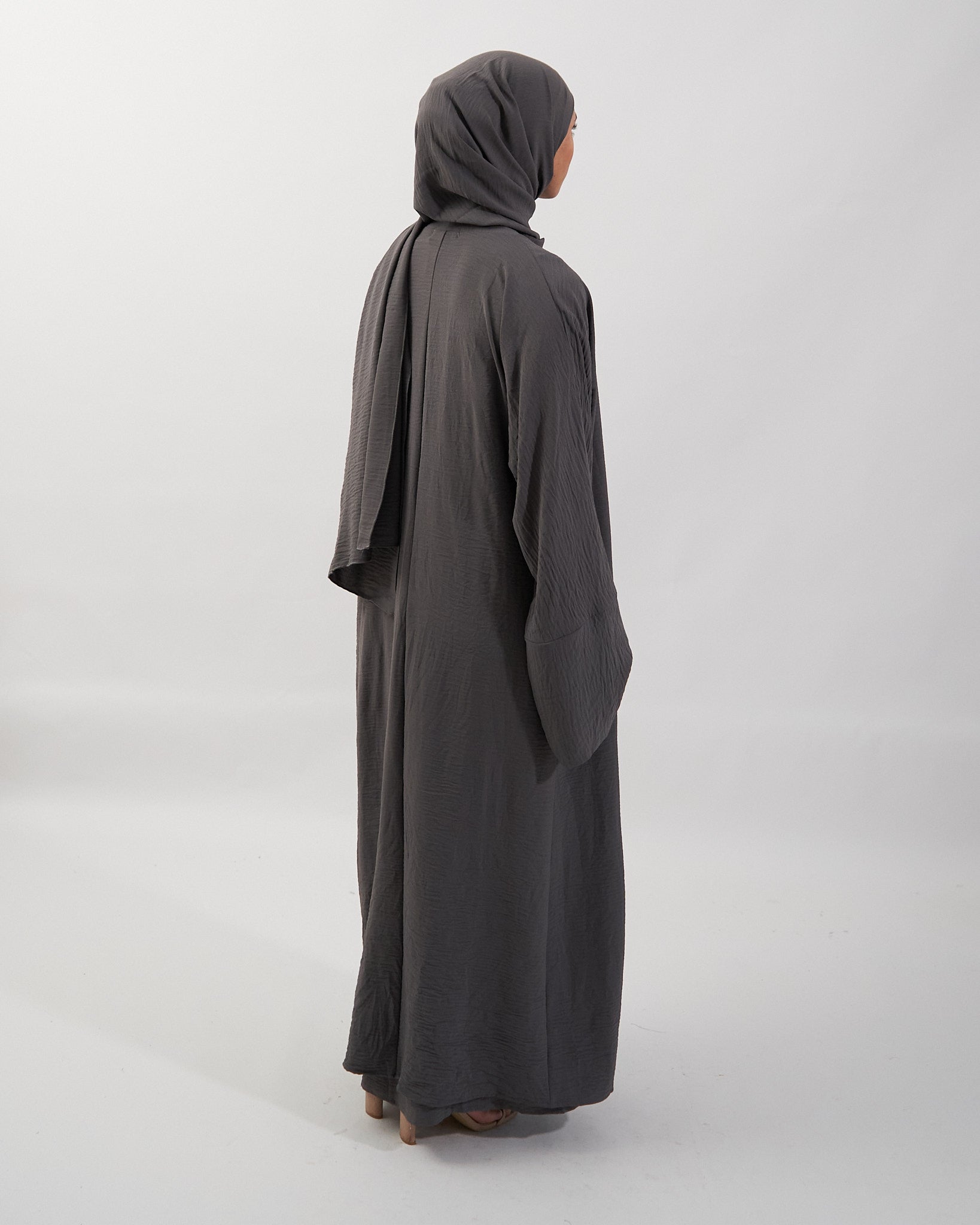 3PC Crinkle Abaya Set - Charcoal Open Abaya Fajr Noor 