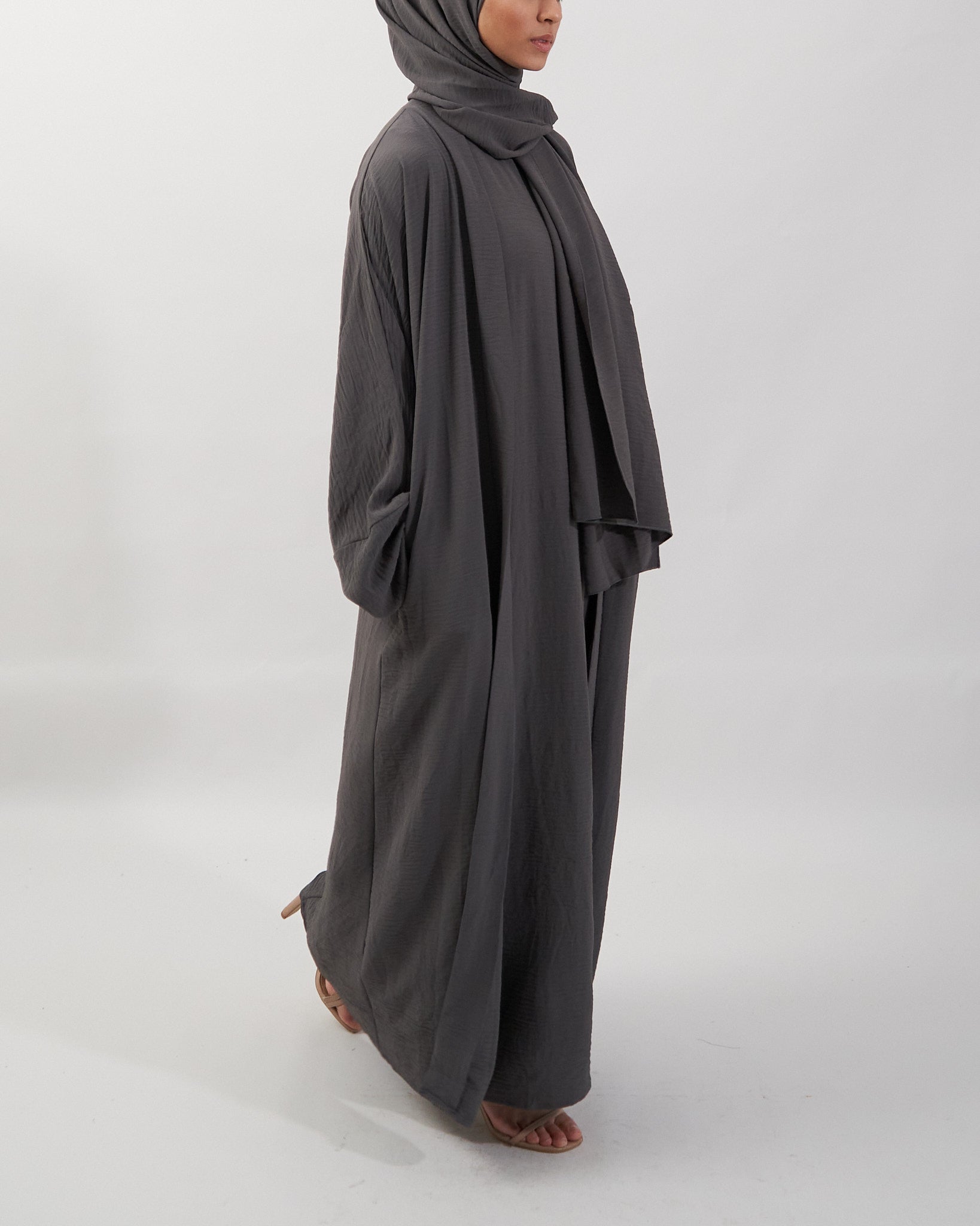 3PC Crinkle Abaya Set - Charcoal Open Abaya Fajr Noor 