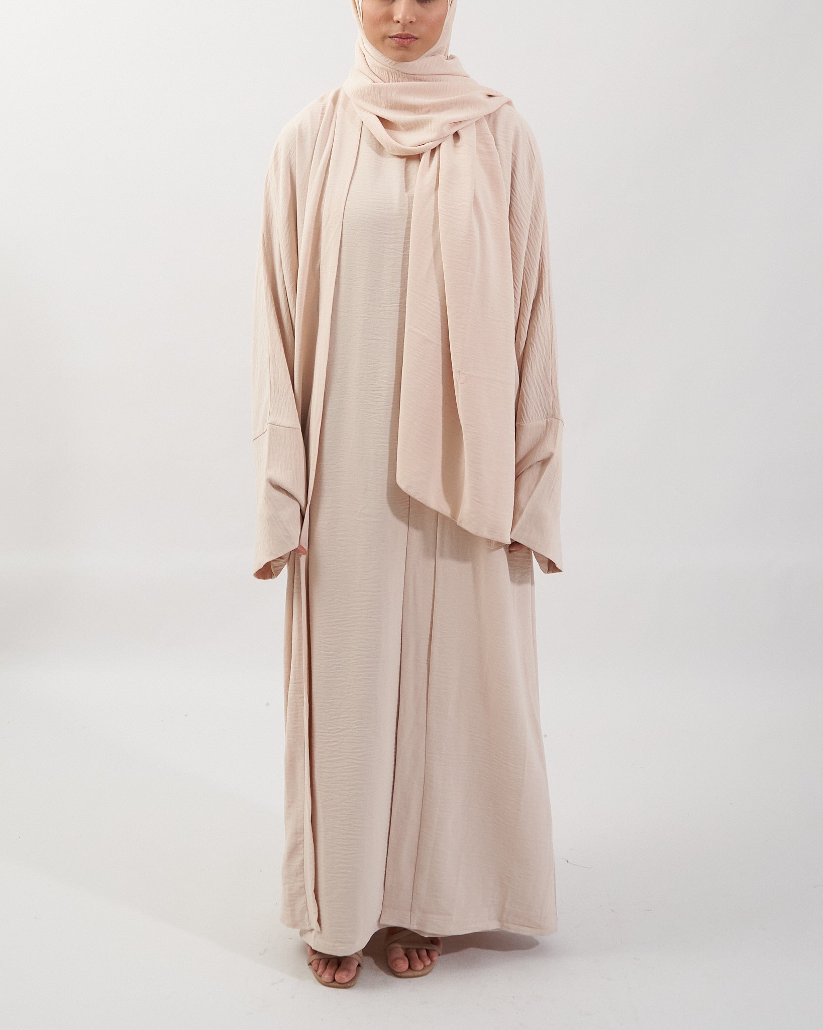 3PC Crinkle Abaya Set - Cream Open Abaya Fajr Noor S