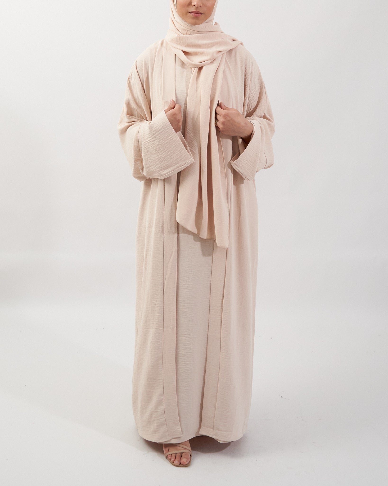 3PC Crinkle Abaya Set - Cream Open Abaya Fajr Noor 