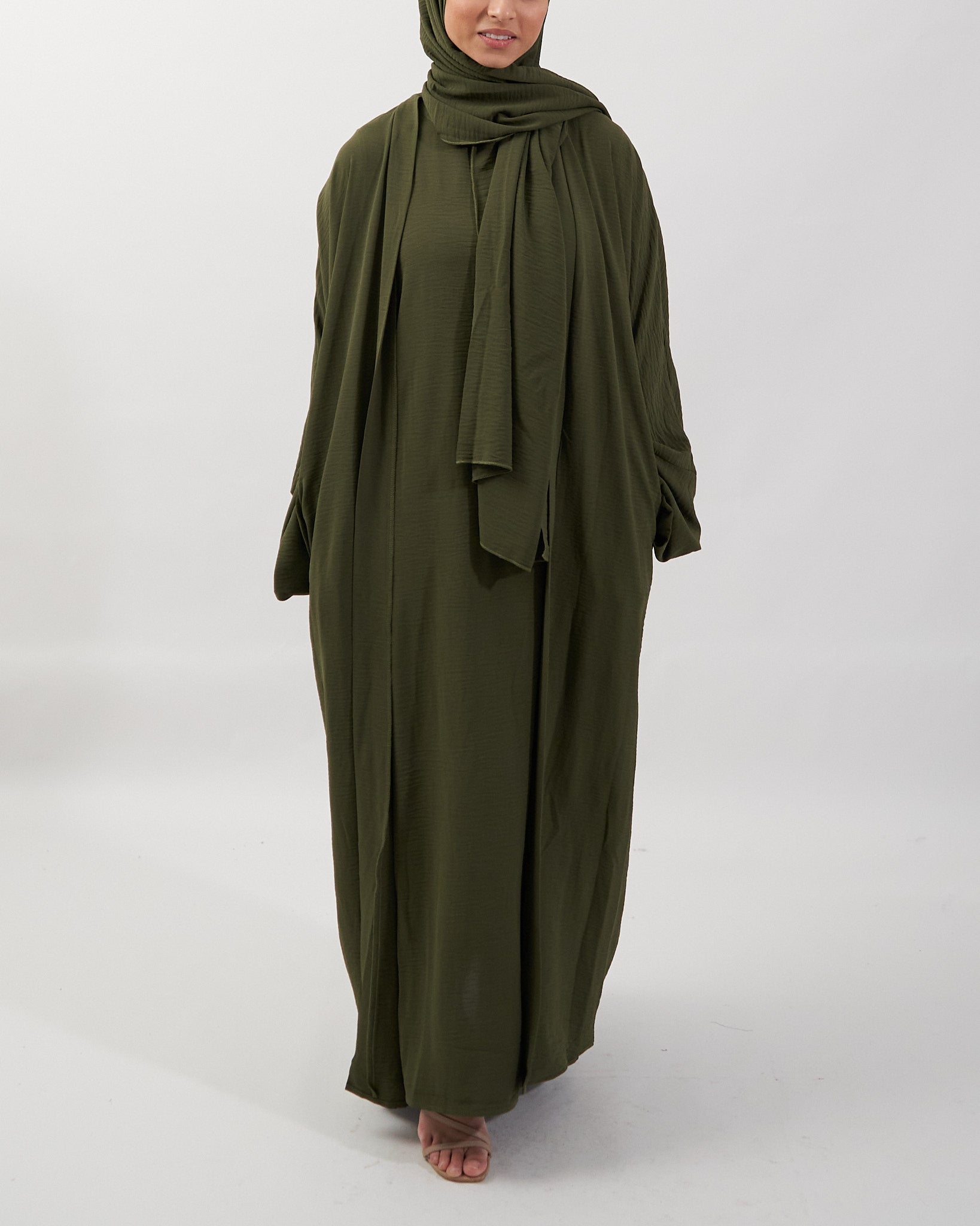 3PC Crinkle Abaya Set - Khaki Open Abaya Fajr Noor 