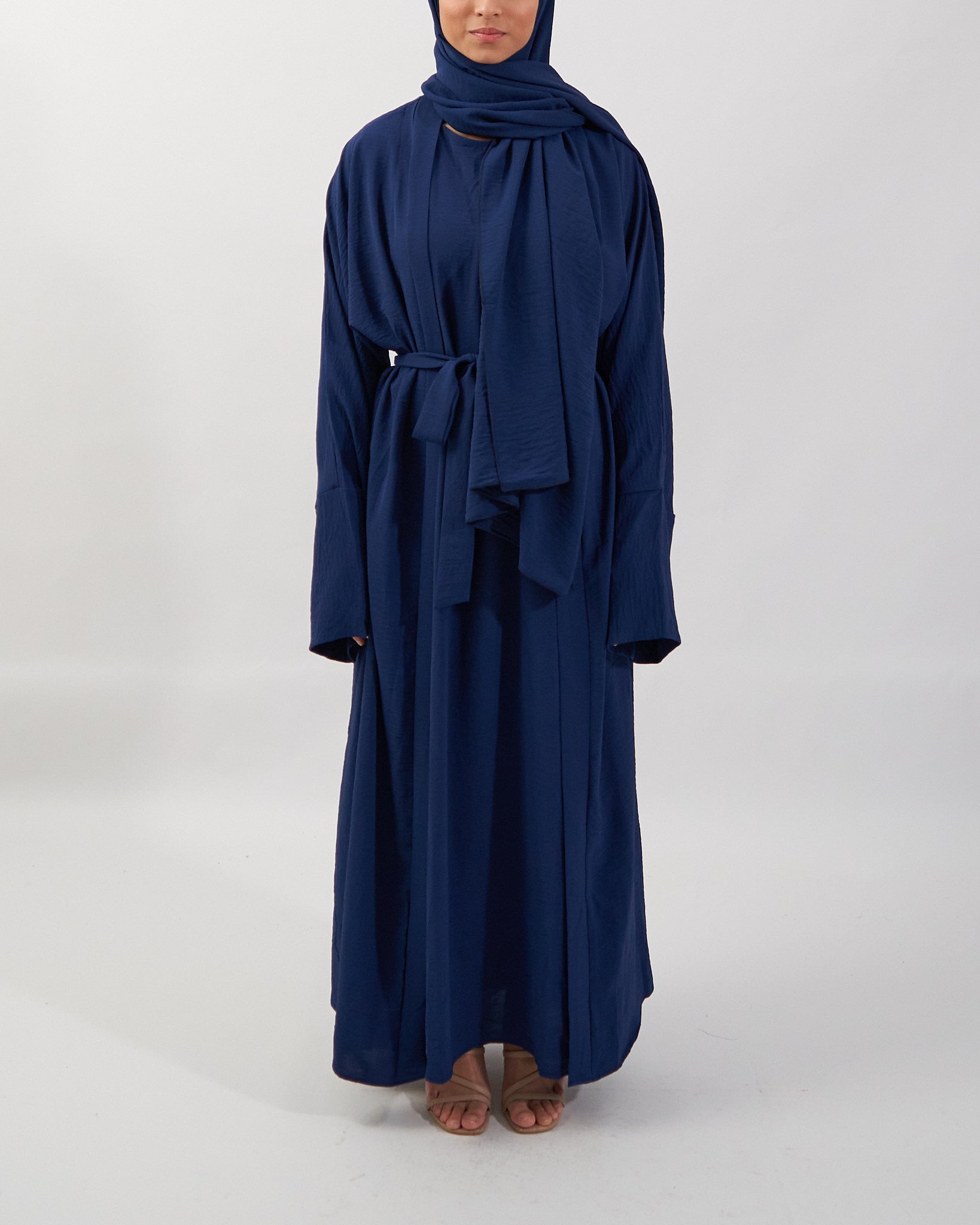 3PC Crinkle Abaya Set - Navy Open Abaya Fajr Noor 