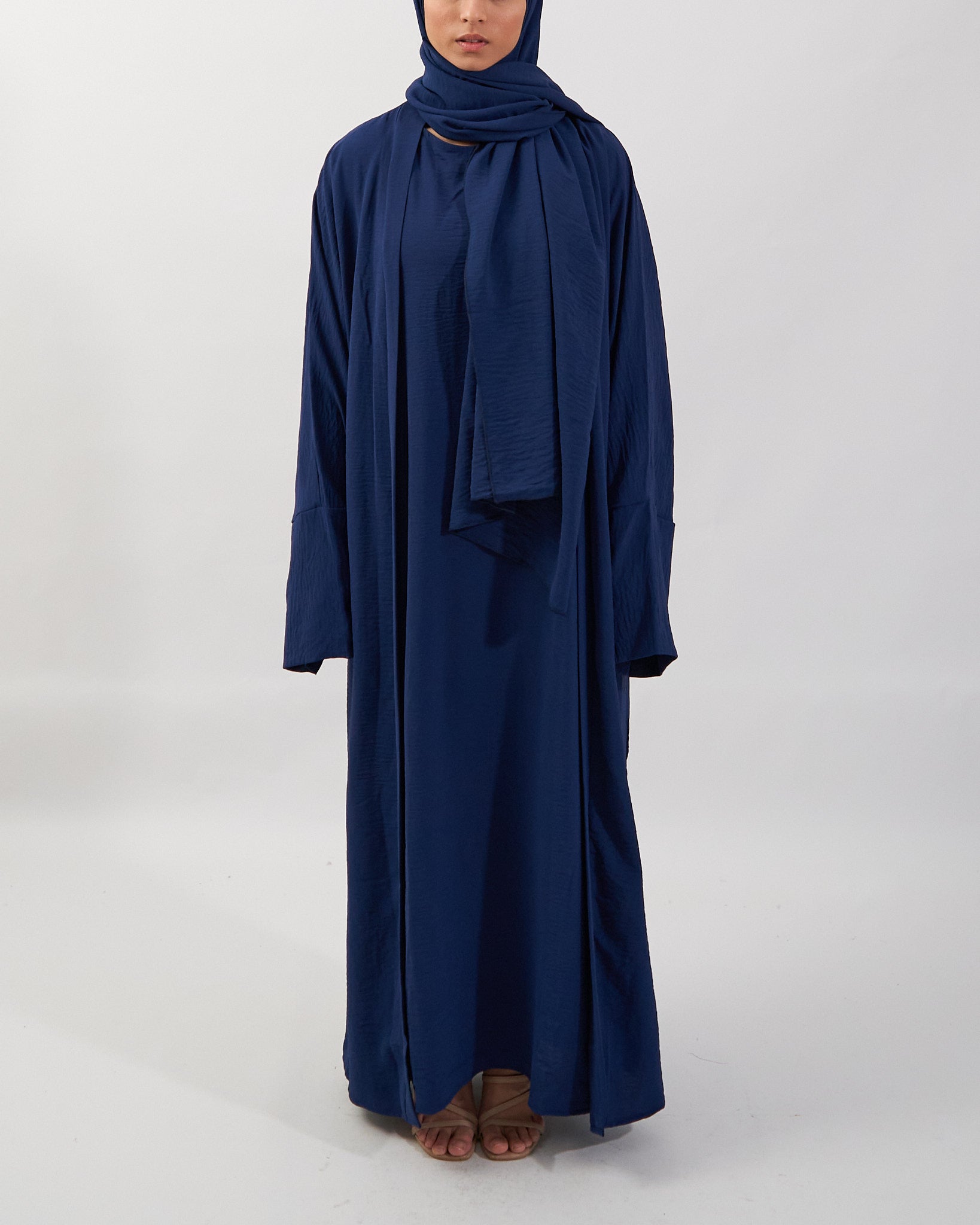 3PC Crinkle Abaya Set - Navy Open Abaya Fajr Noor 